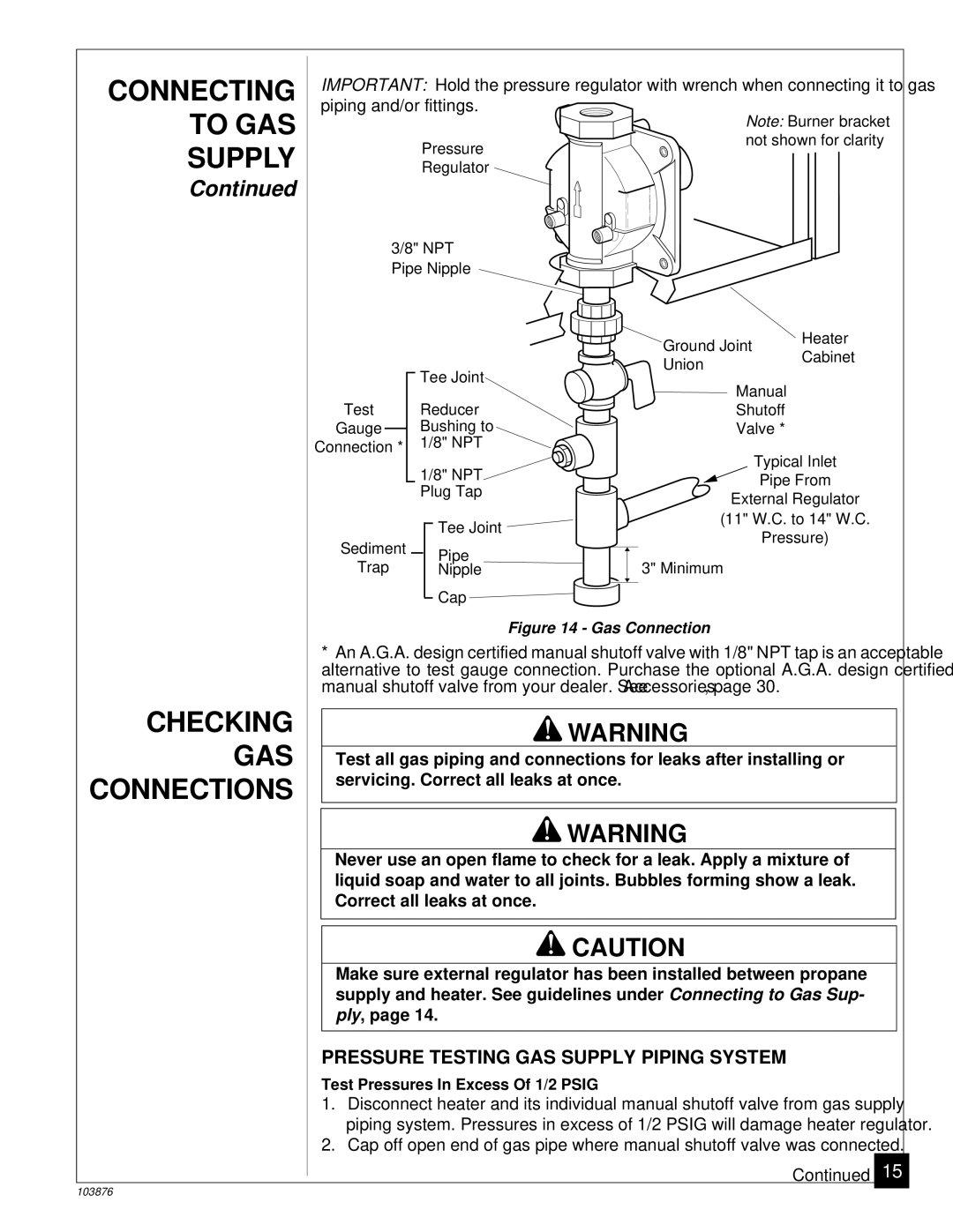 Vanguard Heating VP2000BTC, VP2800BTC Checking GAS, Connections, Pressure Testing GAS Supply Piping System 