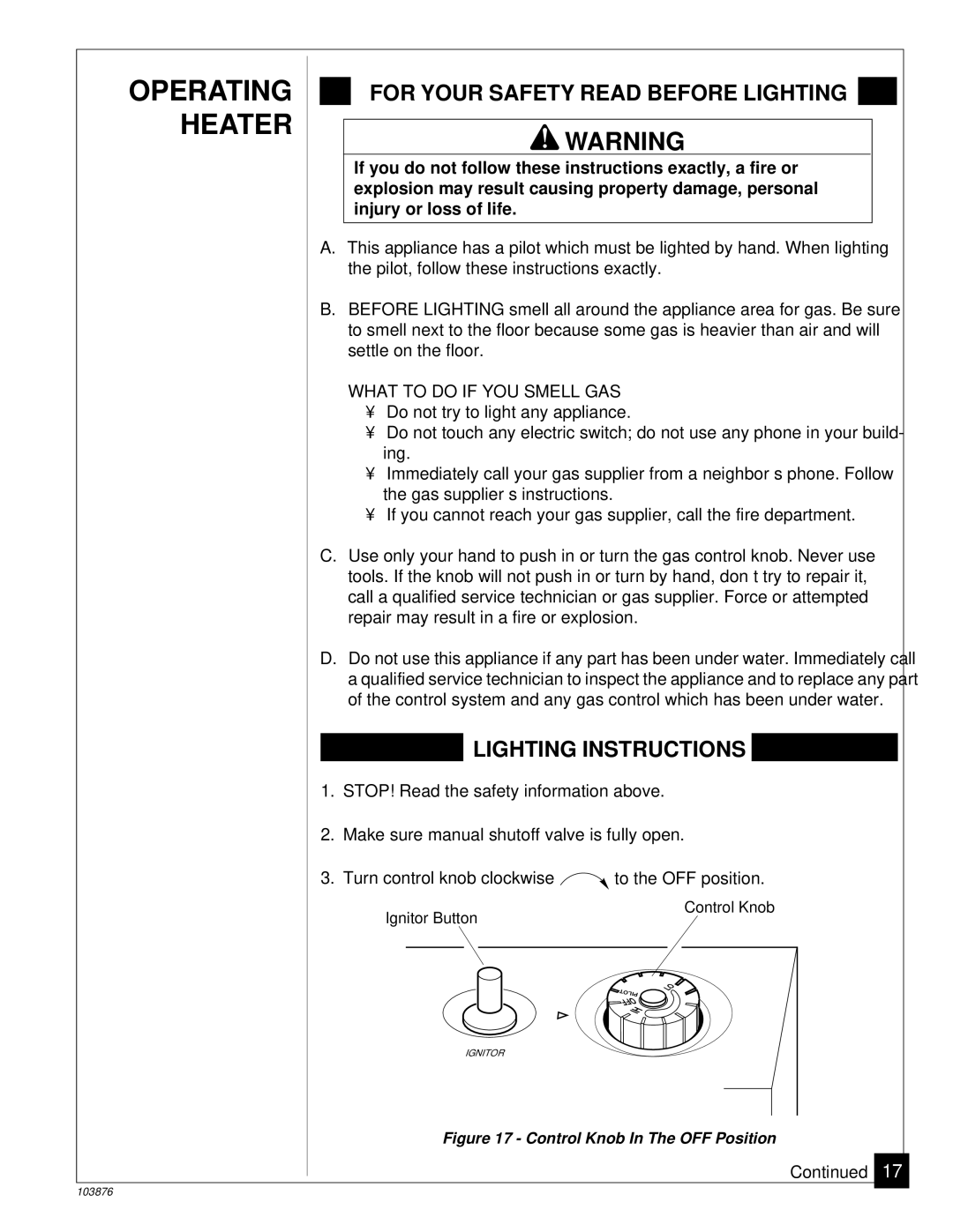 Vanguard Heating VP2000BTC, VP2800BTC installation manual Operating Heater, For Your Safety Read Before Lighting 