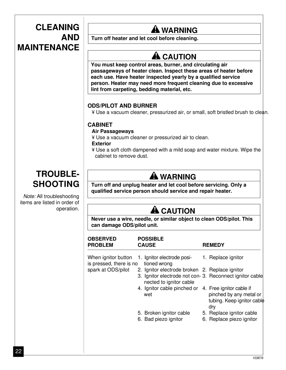 Vanguard Heating VP2800BTC, VP2000BTC Cleaning and Maintenance Trouble Shooting, ODS/PILOT and Burner, Cabinet 