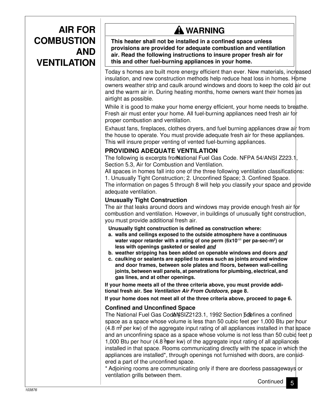 Vanguard Heating VP2000BTC, VP2800BTC installation manual AIR for Combustion, Providing Adequate Ventilation 