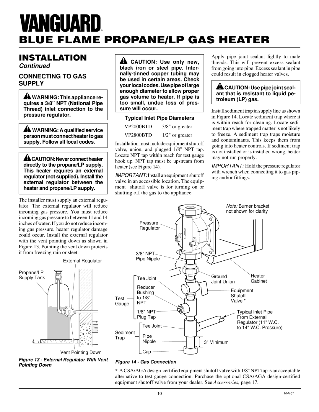 Vanguard Heating VP2800BTD, VP2000BTD installation manual Connecting to GAS Supply, Typical Inlet Pipe Diameters 