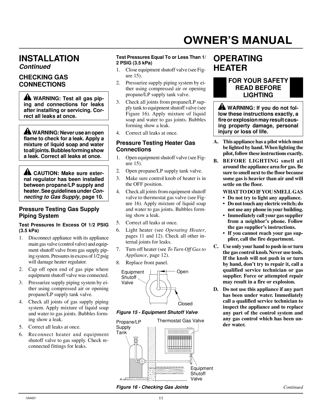 Vanguard Heating VP2000BTD, VP2800BTD Operating Heater, Checking GAS Connections, For Your Safety Read Before Lighting 