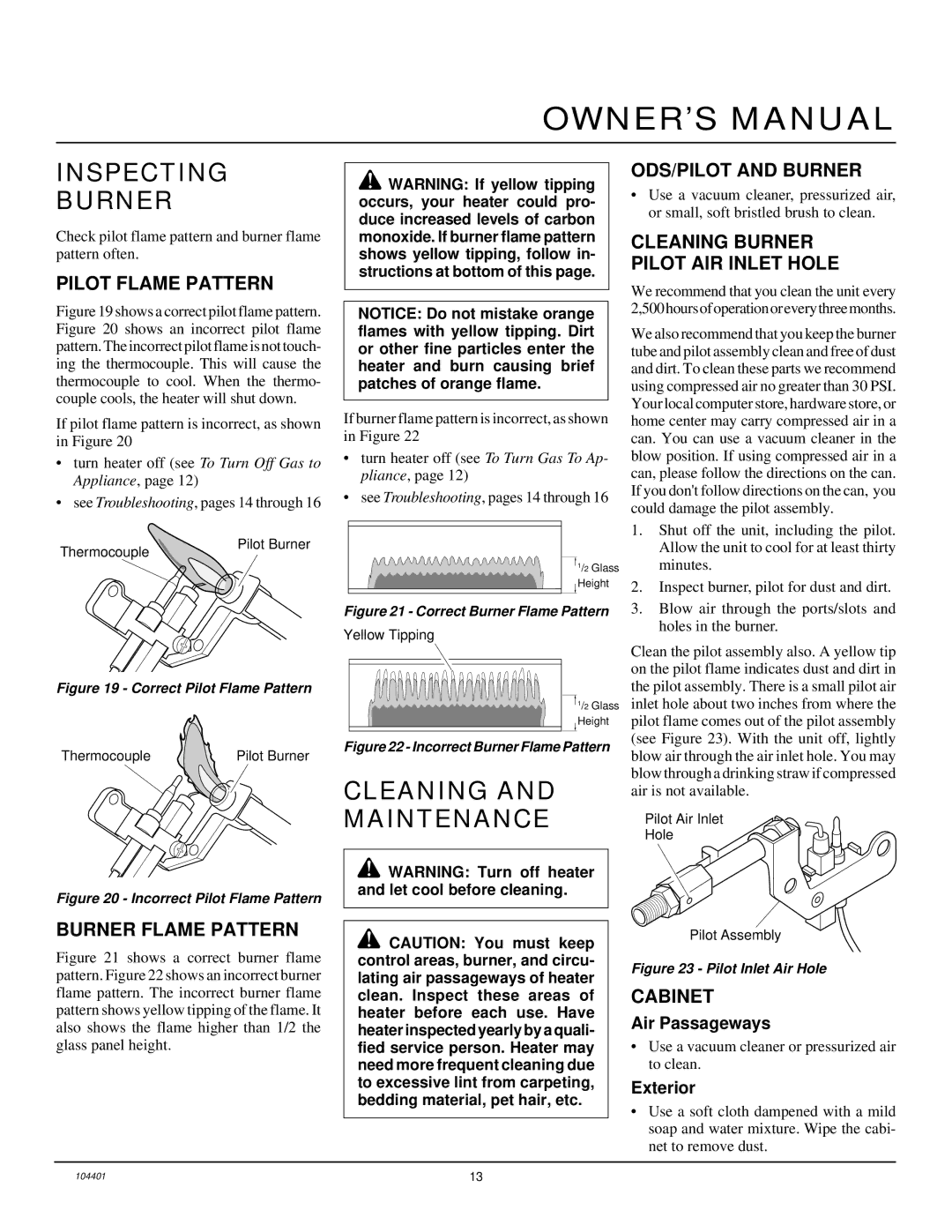 Vanguard Heating VP2000BTD, VP2800BTD installation manual Inspecting Burner, Cleaning and Maintenance 