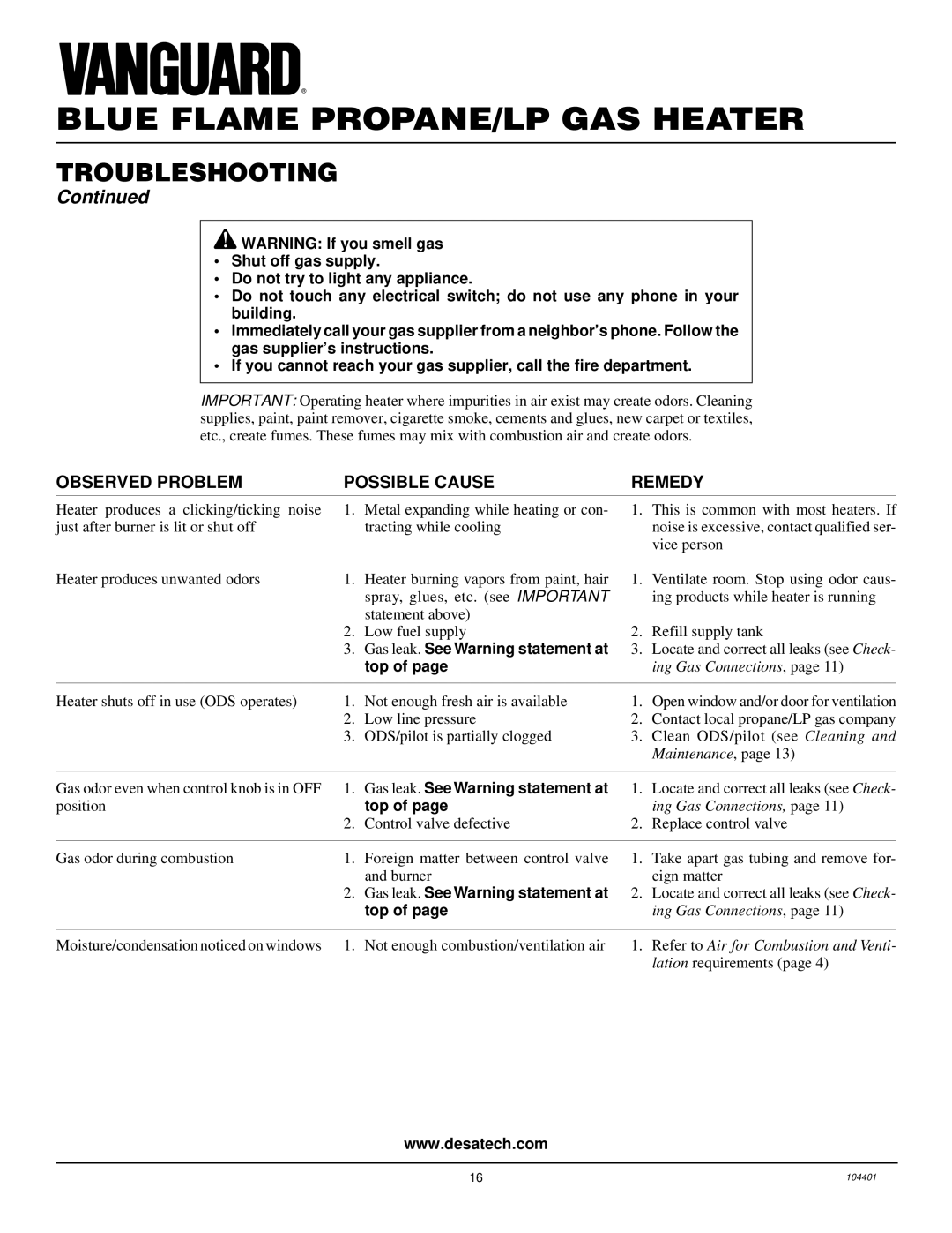 Vanguard Heating VP2800BTD, VP2000BTD installation manual Gas leak. See Warning statement at 