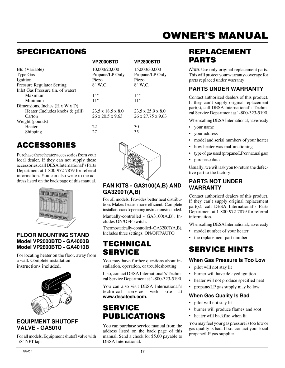 Vanguard Heating VP2000BTD Specifications, Replacement Parts, Accessories, Technical Service, Service Publications 