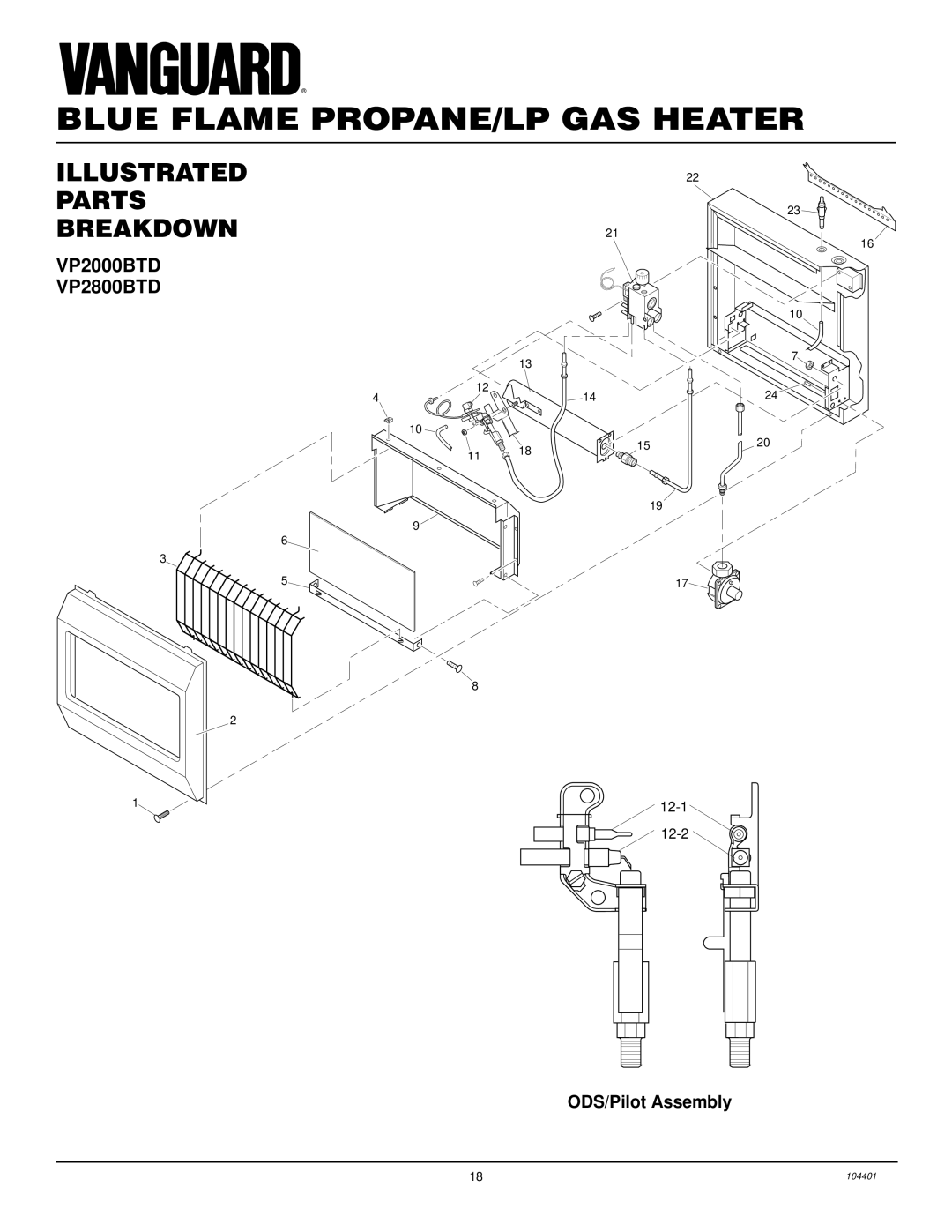 Vanguard Heating installation manual Illustrated Parts Breakdown, VP2000BTD VP2800BTD, ODS/Pilot Assembly 