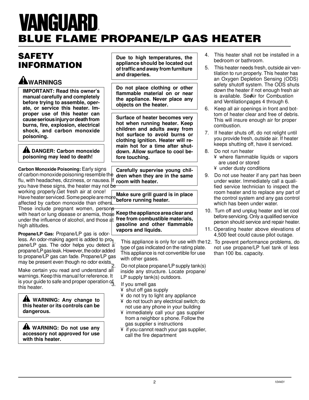 Vanguard Heating VP2800BTD, VP2000BTD installation manual Blue Flame PROPANE/LP GAS Heater, Safety Information 