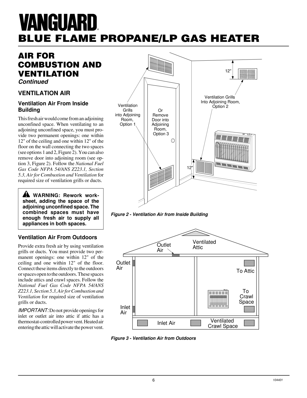 Vanguard Heating VP2800BTD, VP2000BTD Ventilation AIR, Ventilation Air From Inside Building, Ventilation Air From Outdoors 