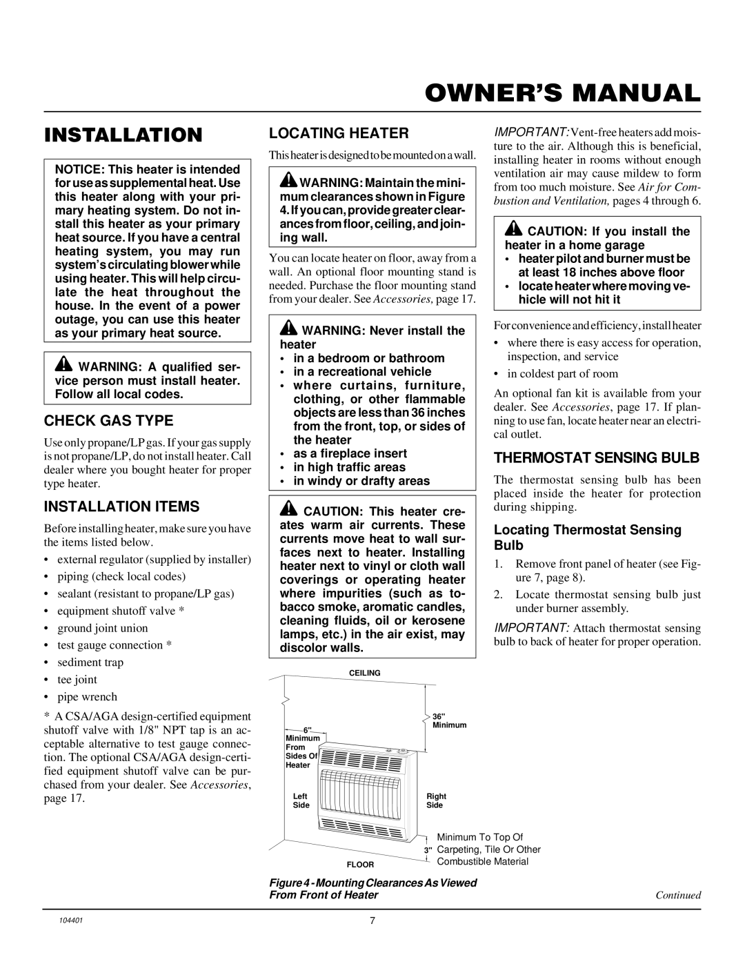 Vanguard Heating VP2000BTD, VP2800BTD Check GAS Type, Installation Items, Locating Heater, Thermostat Sensing Bulb 