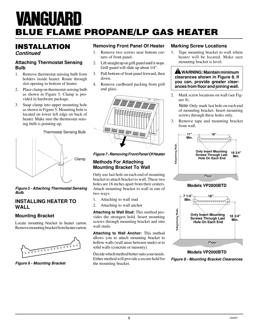 Vanguard Heating VP2800BTD, VP2000BTD installation manual Installing Heater to Wall 