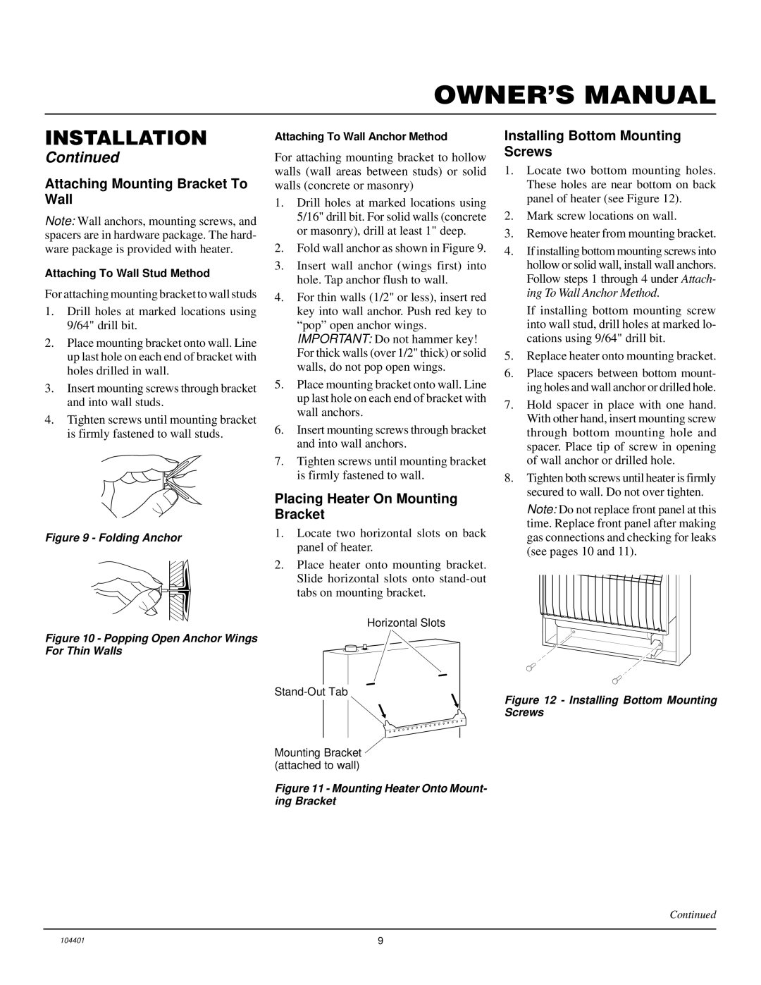 Vanguard Heating VP2000BTD, VP2800BTD Attaching Mounting Bracket To Wall, Placing Heater On Mounting Bracket 