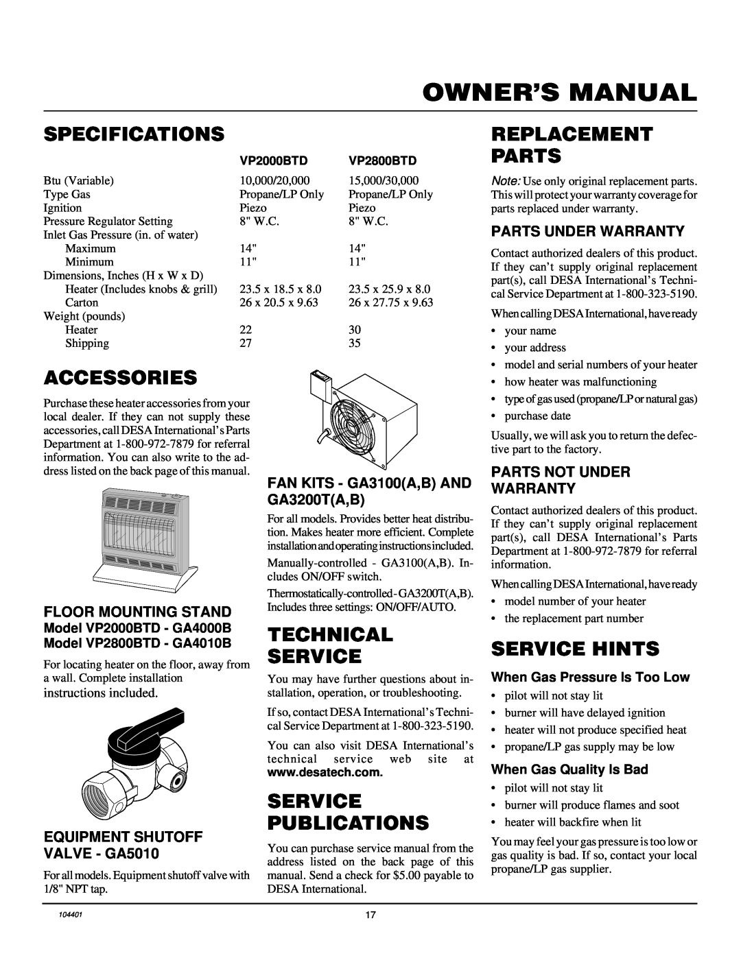 Vanguard Heating VP2000BTD Specifications, Replacement Parts, Accessories, Technical Service, Service Publications 