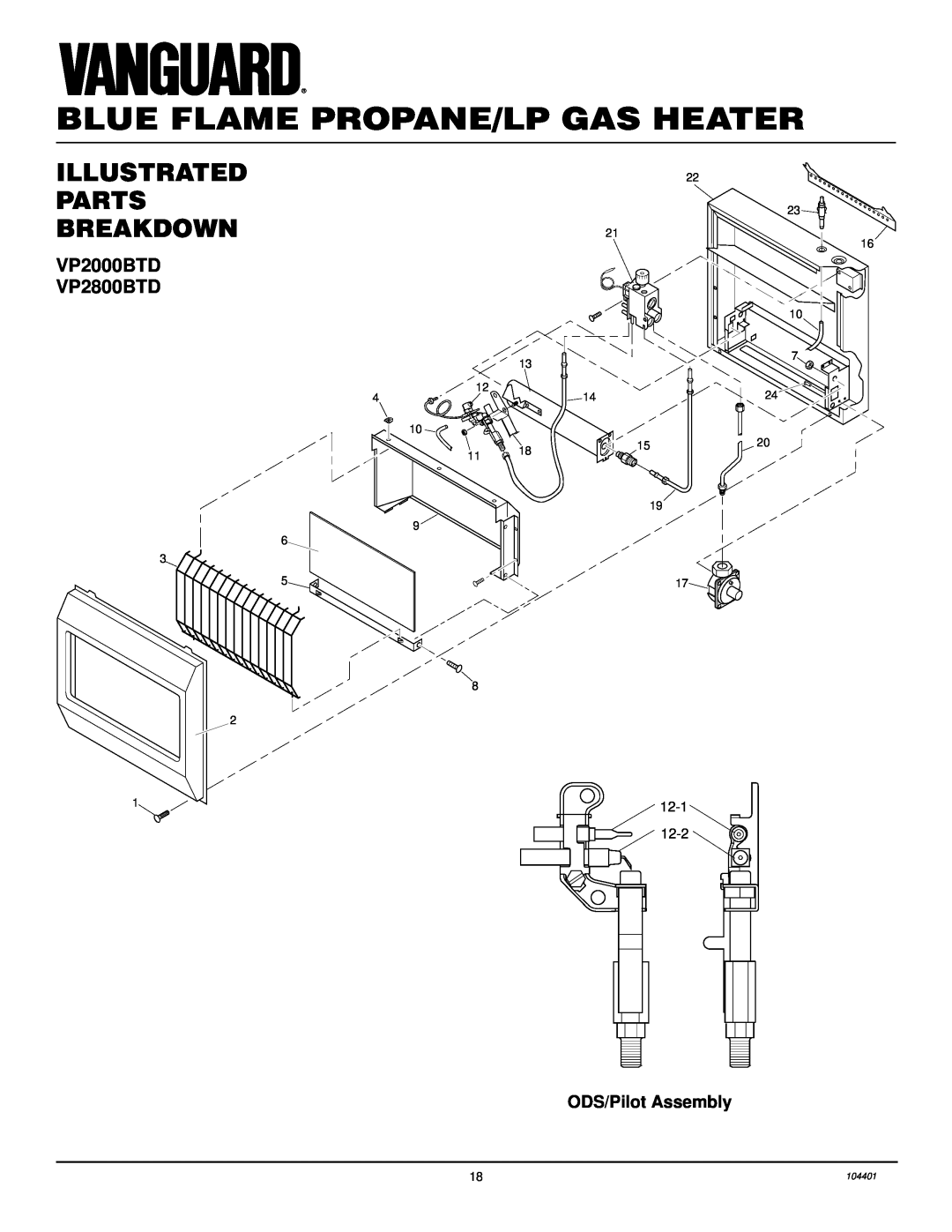 Vanguard Heating Illustrated Parts Breakdown, VP2000BTD VP2800BTD, ODS/Pilot Assembly, Blue Flame Propane/Lp Gas Heater 
