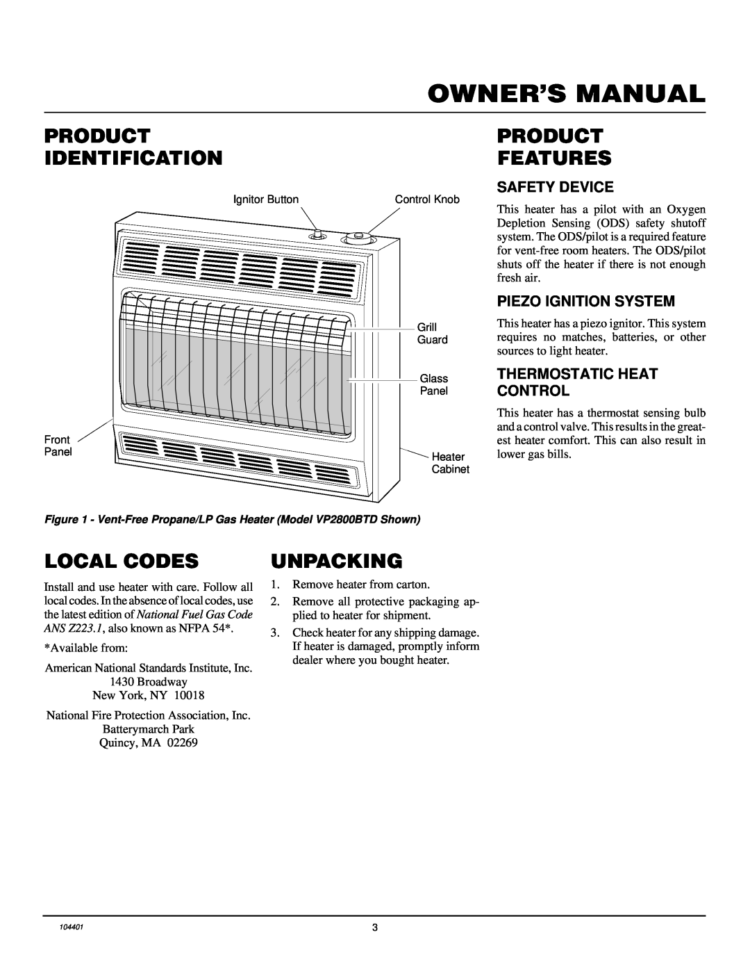 Vanguard Heating VP2000BTD Owner’S Manual, Product Identification, Product Features, Local Codes, Unpacking, Safety Device 