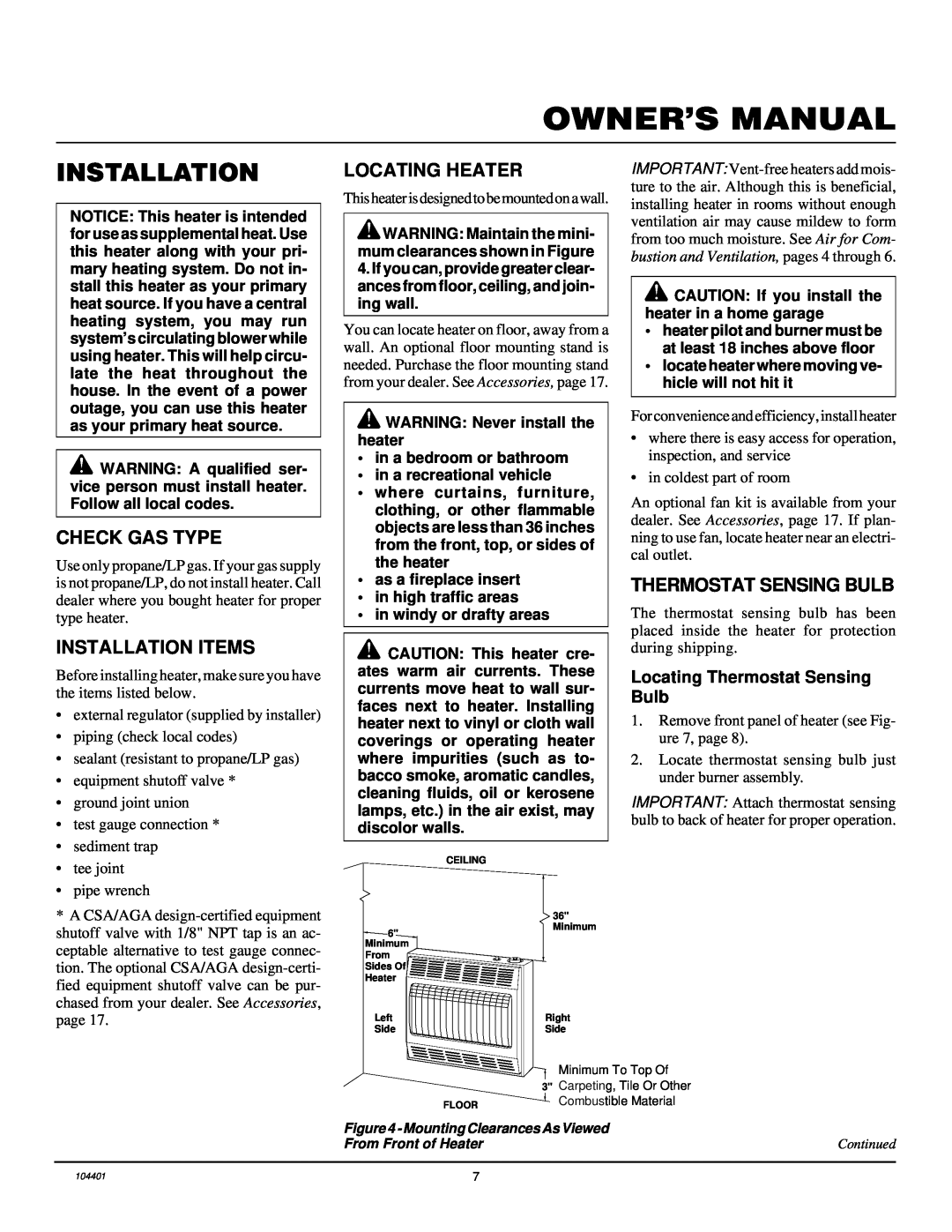 Vanguard Heating VP2000BTD, VP2800BTD Check Gas Type, Installation Items, Locating Heater, Thermostat Sensing Bulb 