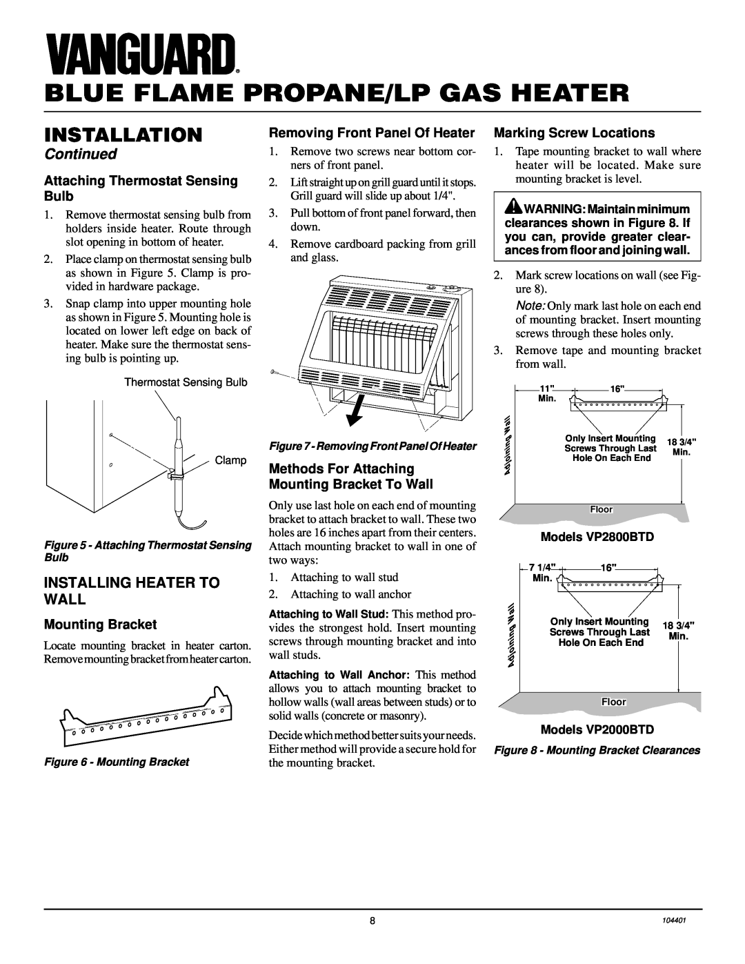 Vanguard Heating VP2800BTD Installing Heater To Wall, Attaching Thermostat Sensing Bulb, Mounting Bracket, Installation 