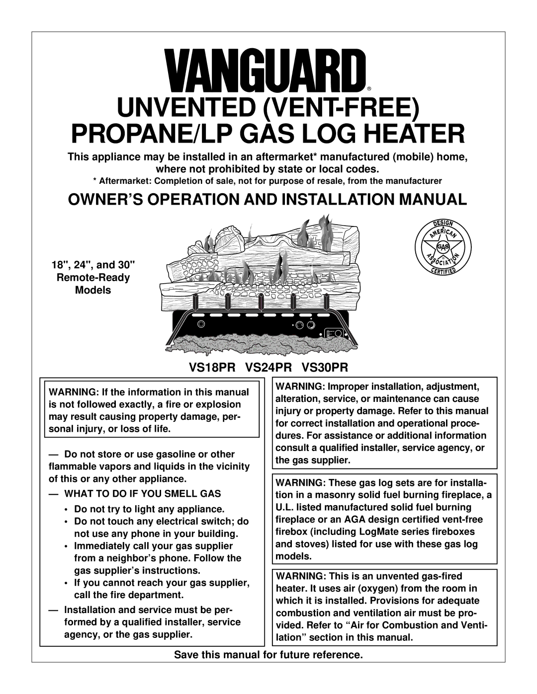 Vanguard Heating installation manual VS18PR VS24PR VS30PR, What to do if YOU Smell GAS 