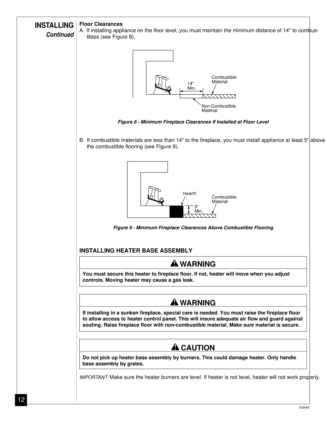 Vanguard Heating VS24PR, VS30PR, VS18PR installation manual Installing Heater Base Assembly, Floor Clearances 