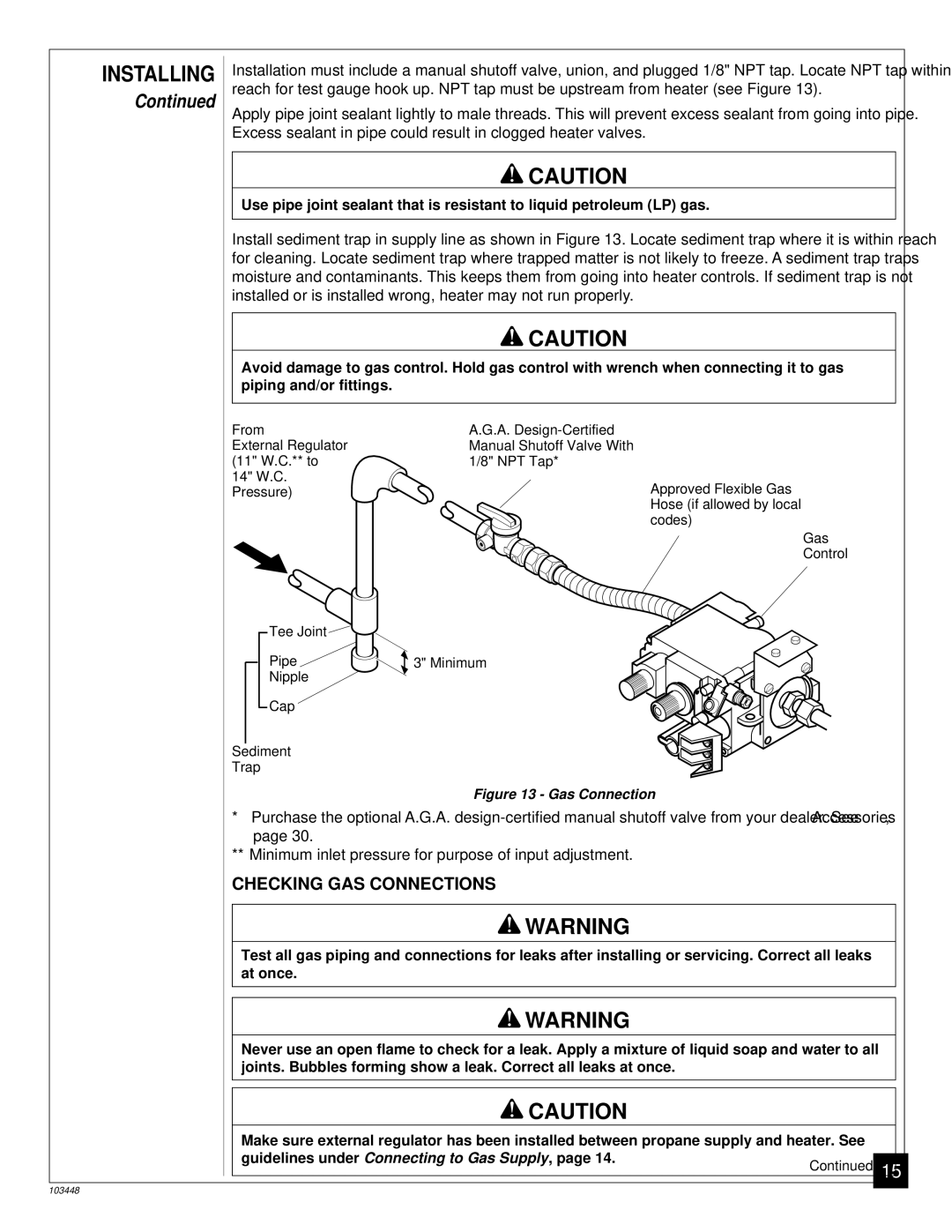 Vanguard Heating VS24PR, VS30PR, VS18PR installation manual Checking GAS Connections, Gas Connection 