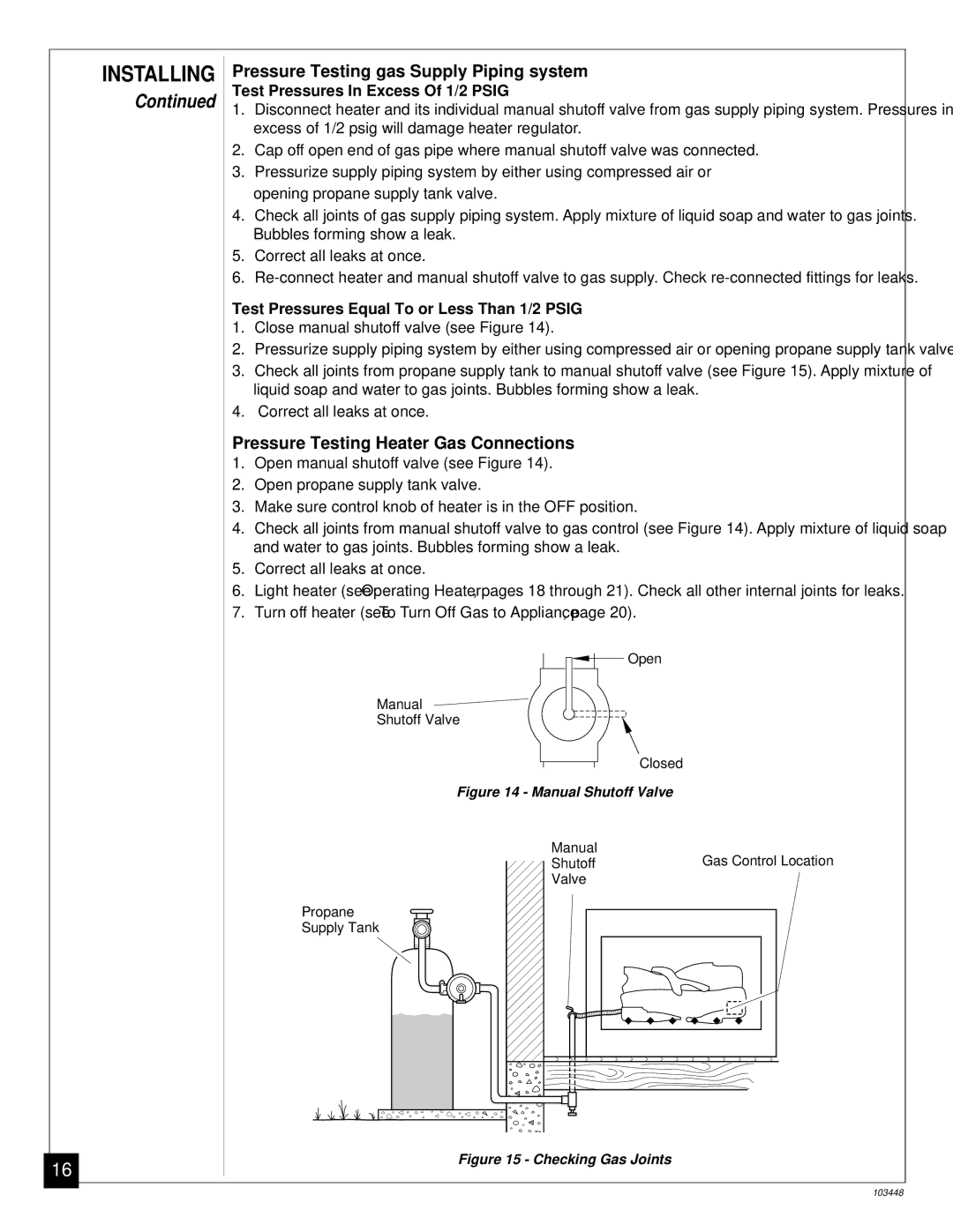 Vanguard Heating VS30PR, VS24PR, VS18PR Pressure Testing gas Supply Piping system, Pressure Testing Heater Gas Connections 