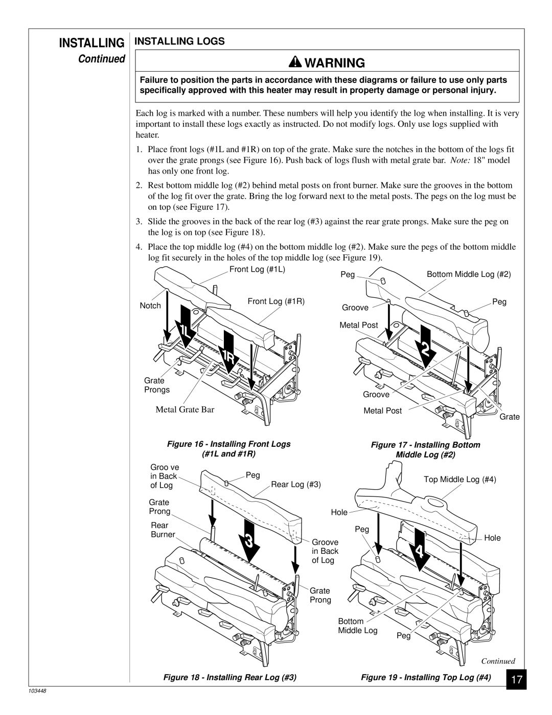 Vanguard Heating VS18PR, VS24PR, VS30PR installation manual Installing Installing Logs, Metal Grate Bar 