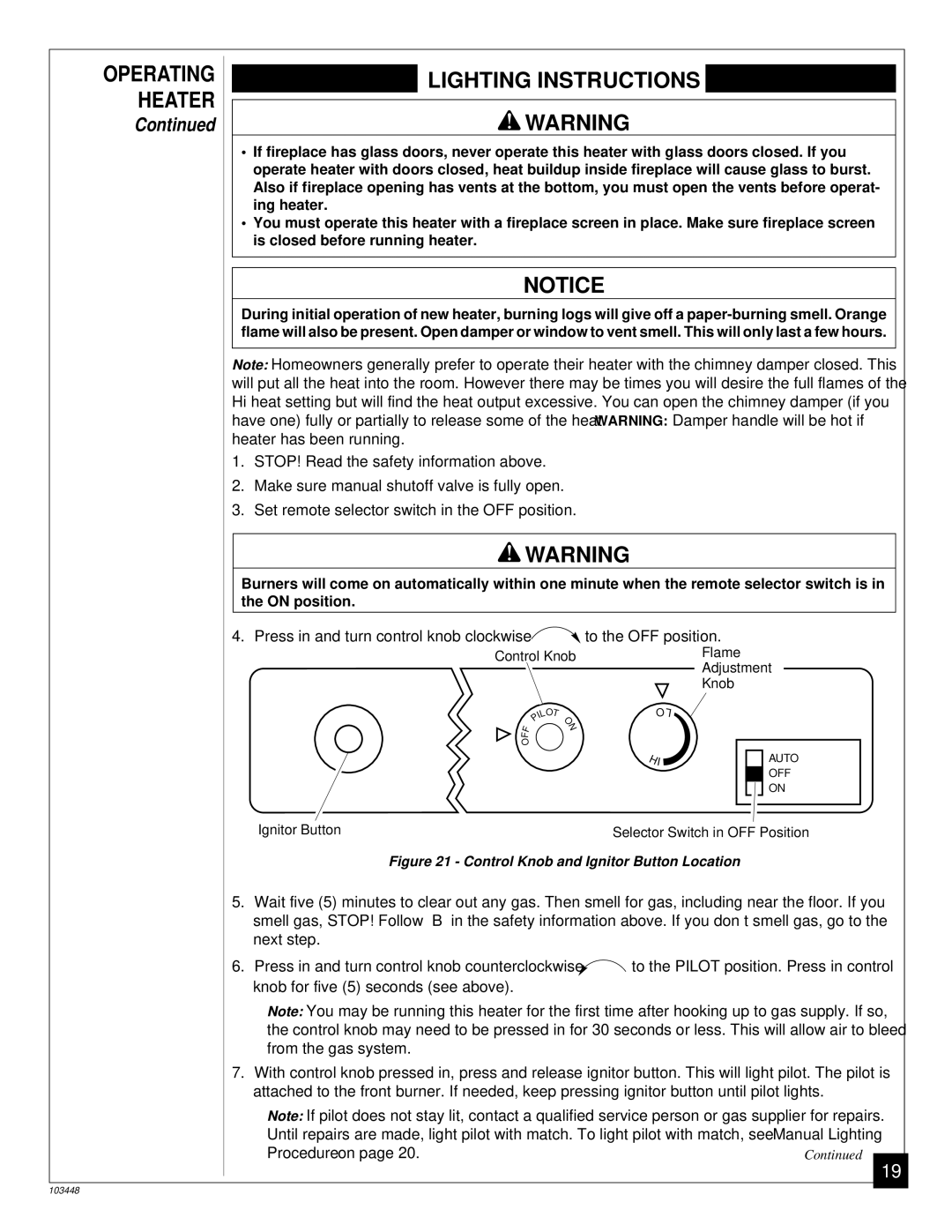 Vanguard Heating VS30PR, VS24PR, VS18PR installation manual Lighting Instructions, Control Knob and Ignitor Button Location 