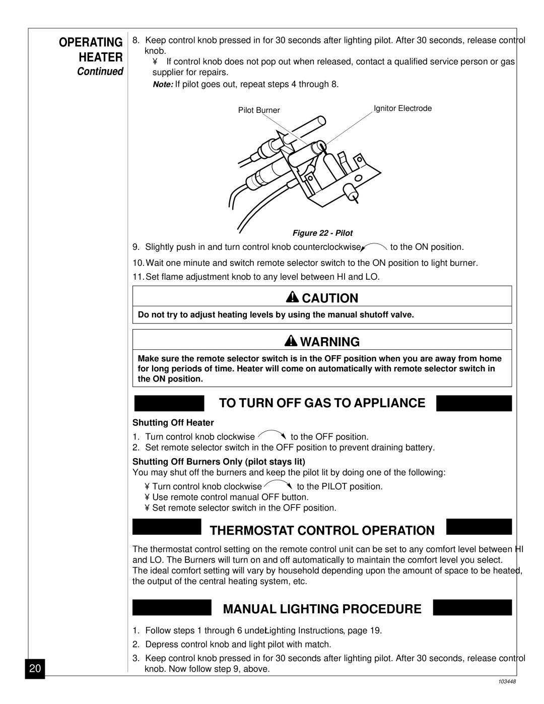 Vanguard Heating VS18PR, VS24PR To Turn OFF GAS to Appliance, Thermostat Control Operation, Manual Lighting Procedure 