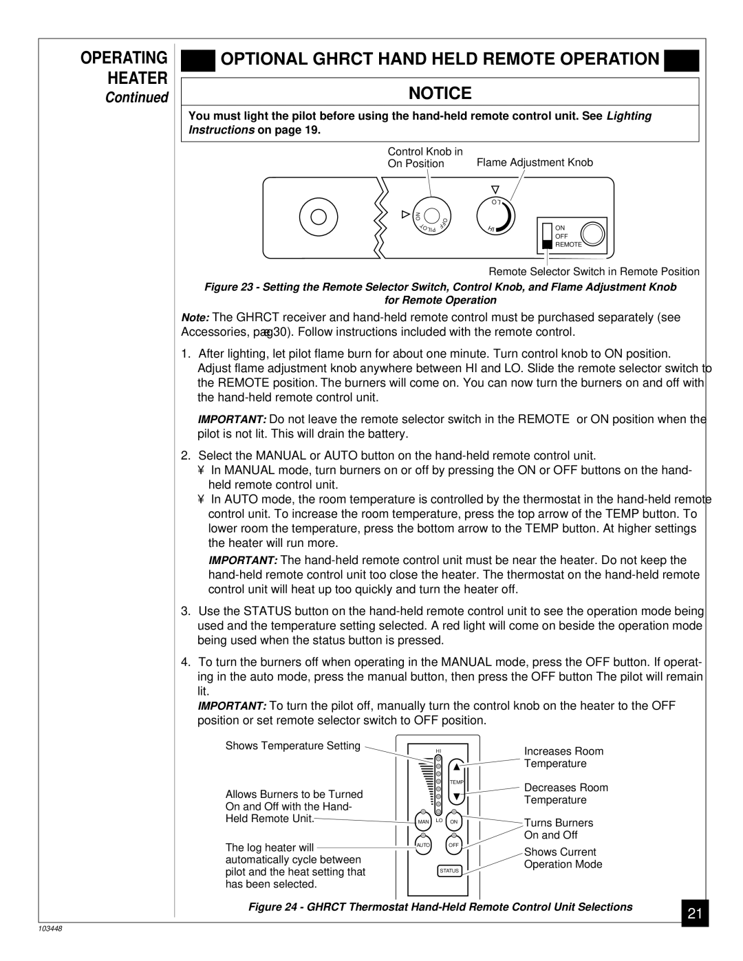 Vanguard Heating VS24PR, VS30PR, VS18PR installation manual Optional Ghrct Hand Held Remote Operation, Operating Heater 