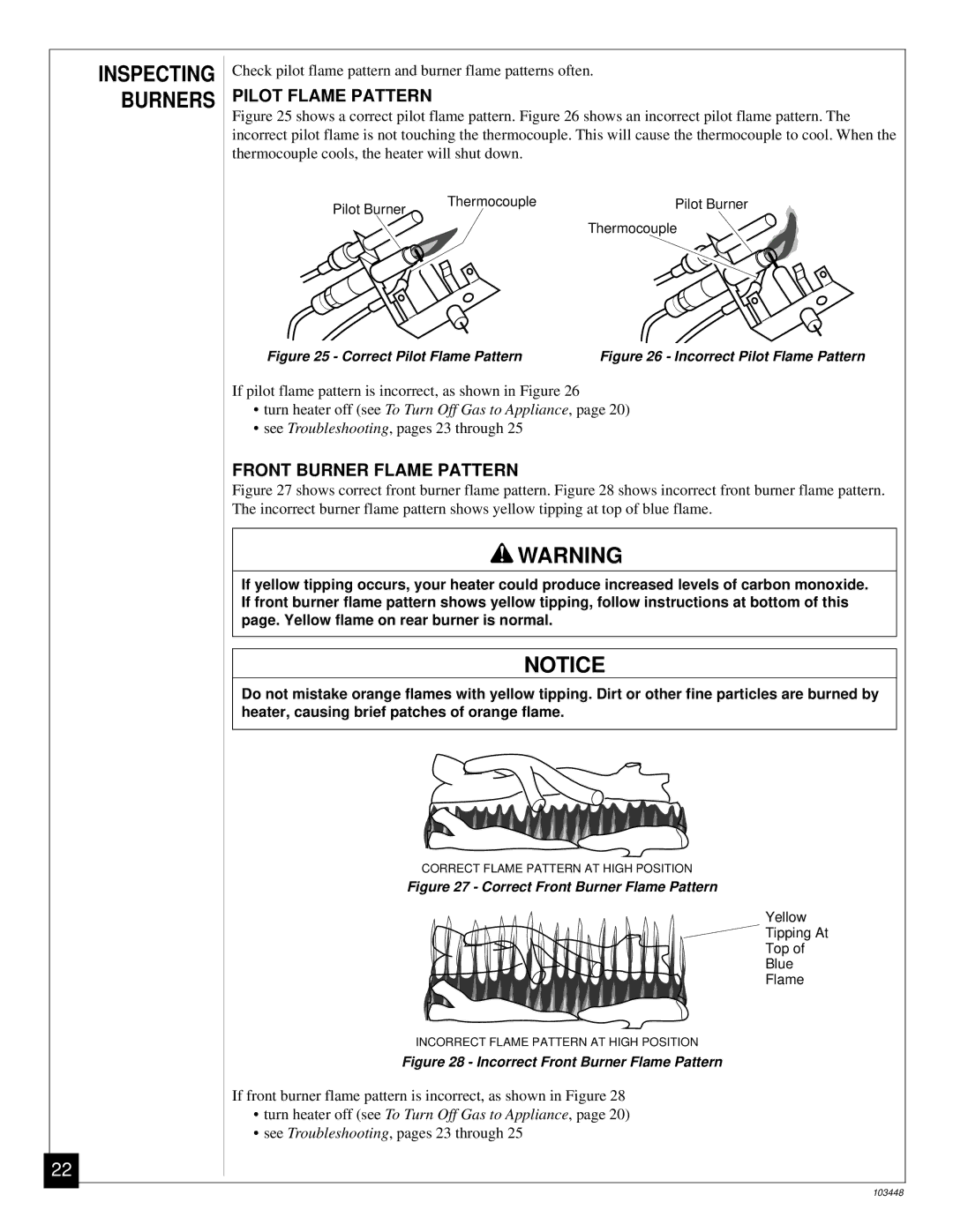 Vanguard Heating VS30PR, VS24PR, VS18PR Inspecting Burners, Pilot Flame Pattern, Front Burner Flame Pattern 