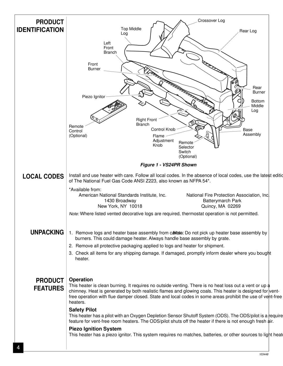 Vanguard Heating VS30PR, VS24PR Unpacking Product Features, Local Codes, Operation, Safety Pilot, Piezo Ignition System 