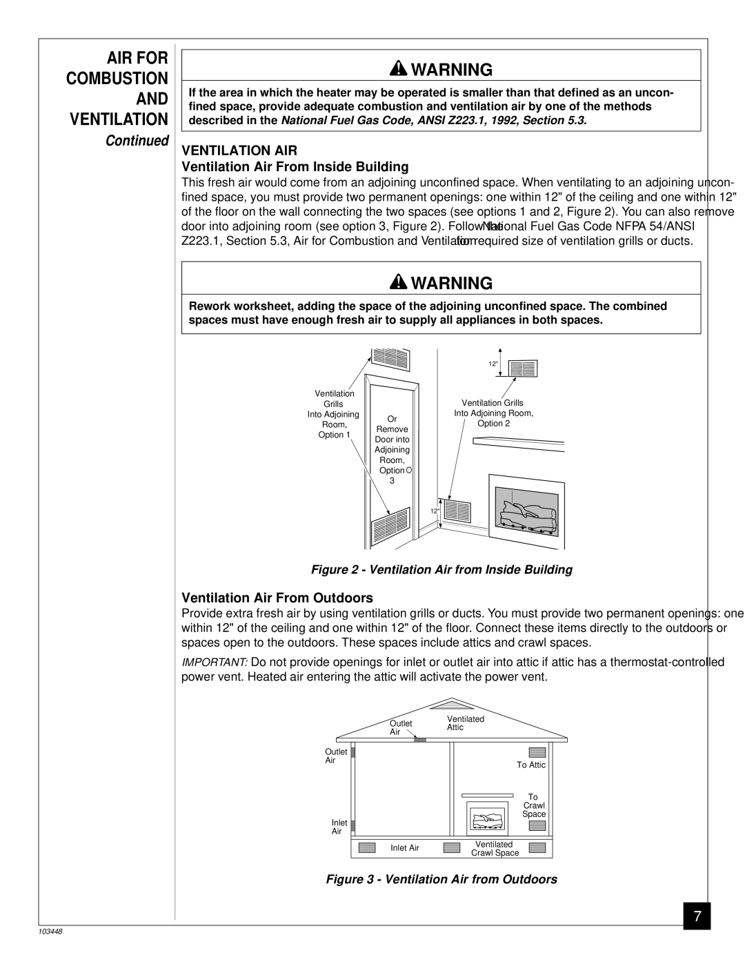 Vanguard Heating VS30PR, VS24PR, VS18PR installation manual AIR for, Combustion, Ventilation AIR 