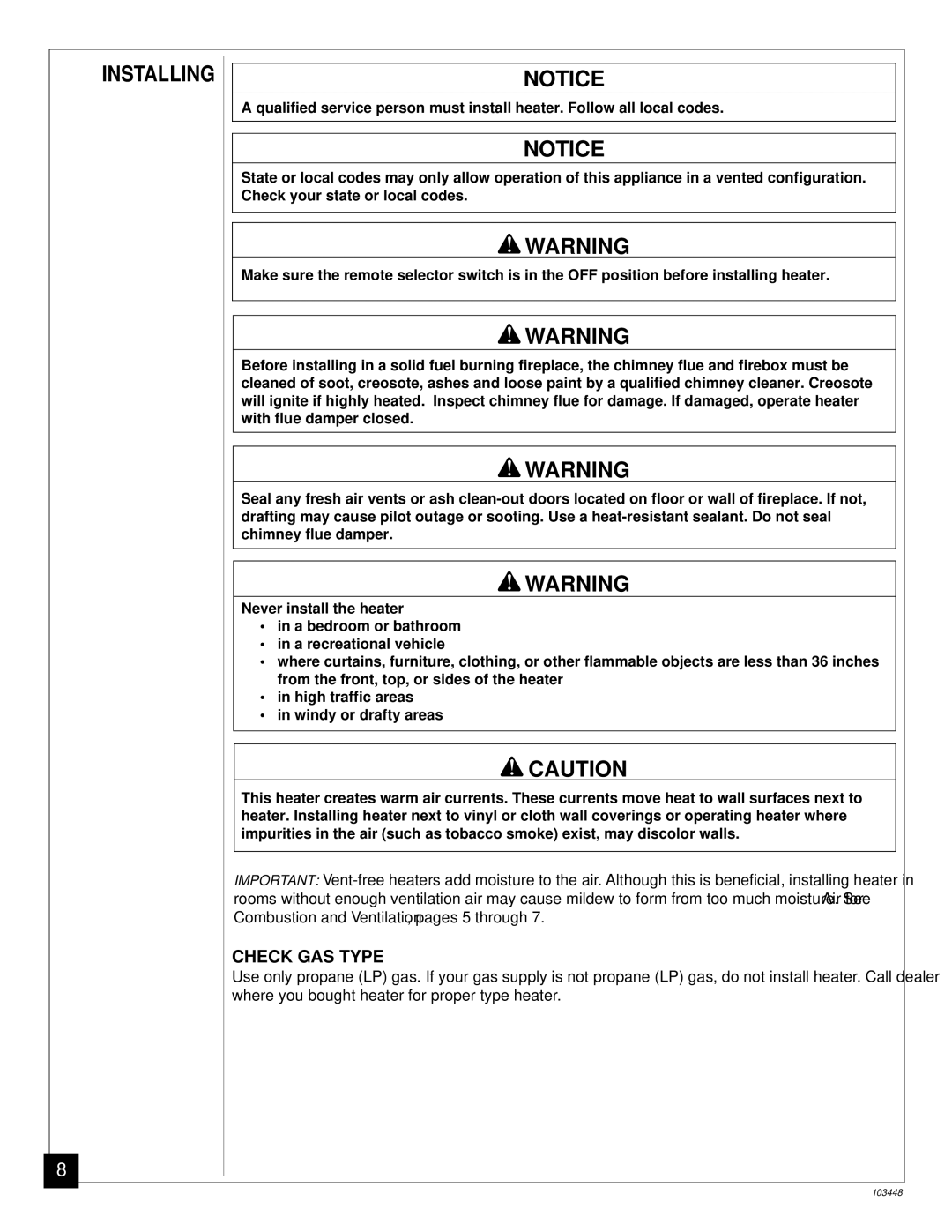 Vanguard Heating VS18PR, VS24PR, VS30PR installation manual Installing, Check GAS Type 