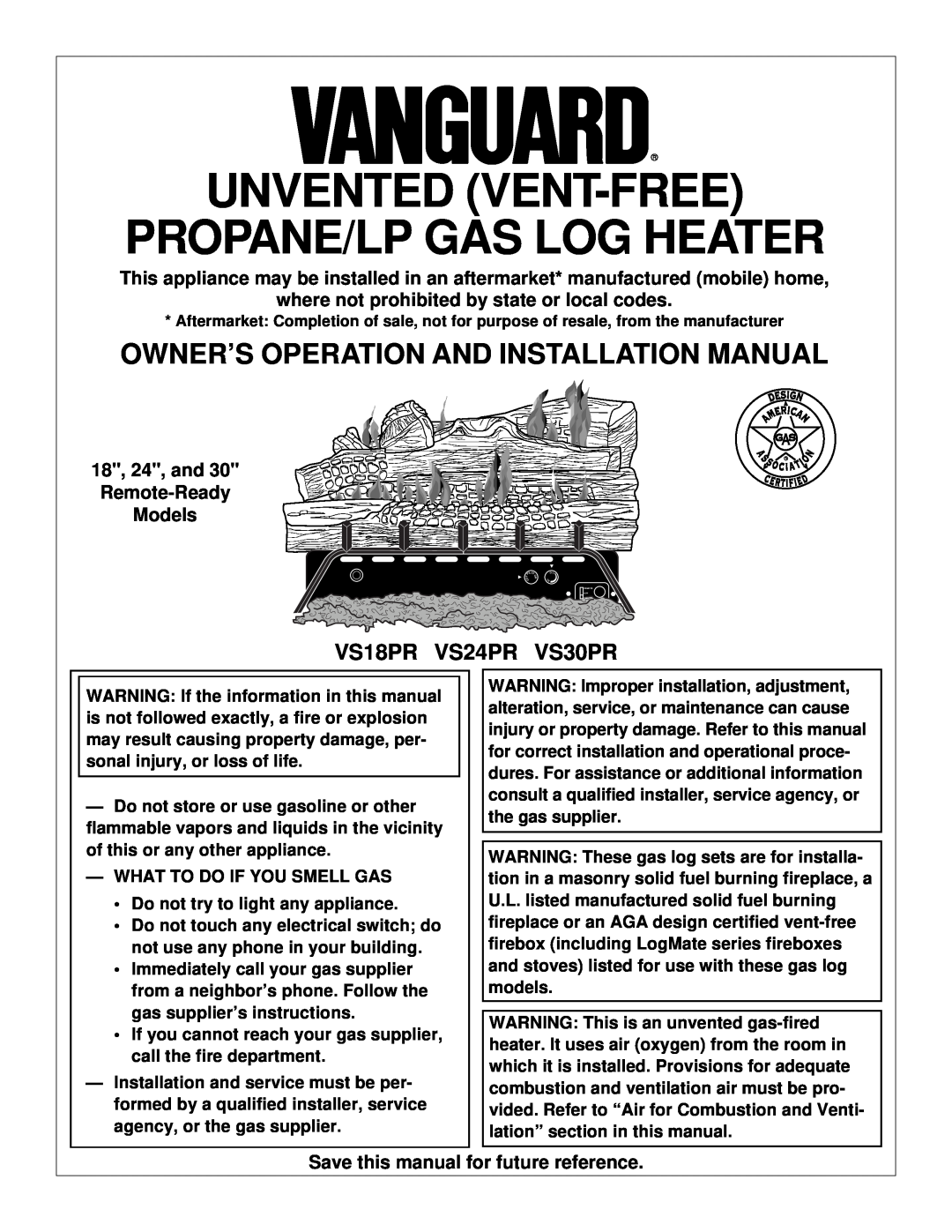 Vanguard Heating installation manual Owner’S Operation And Installation Manual, VS18PR VS24PR VS30PR 