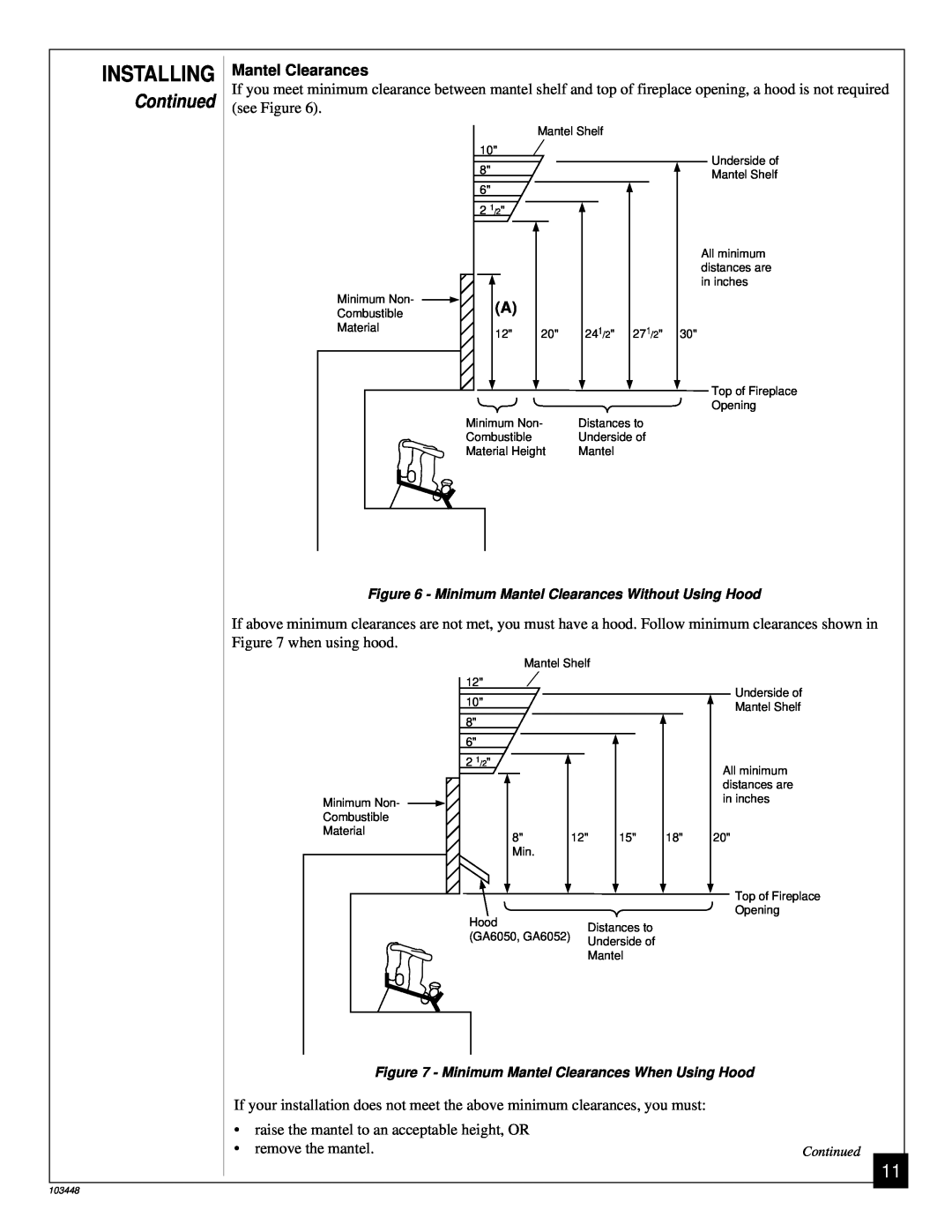 Vanguard Heating VS18PR, VS24PR, VS30PR installation manual Continued, INSTALLING Mantel Clearances 