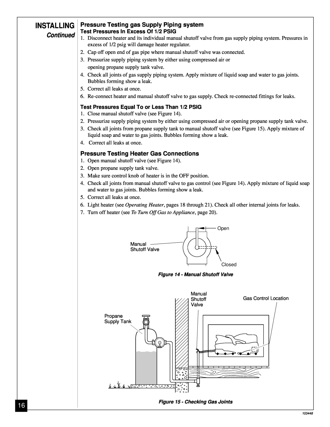 Vanguard Heating VS30PR Pressure Testing gas Supply Piping system, Pressure Testing Heater Gas Connections, Installing 