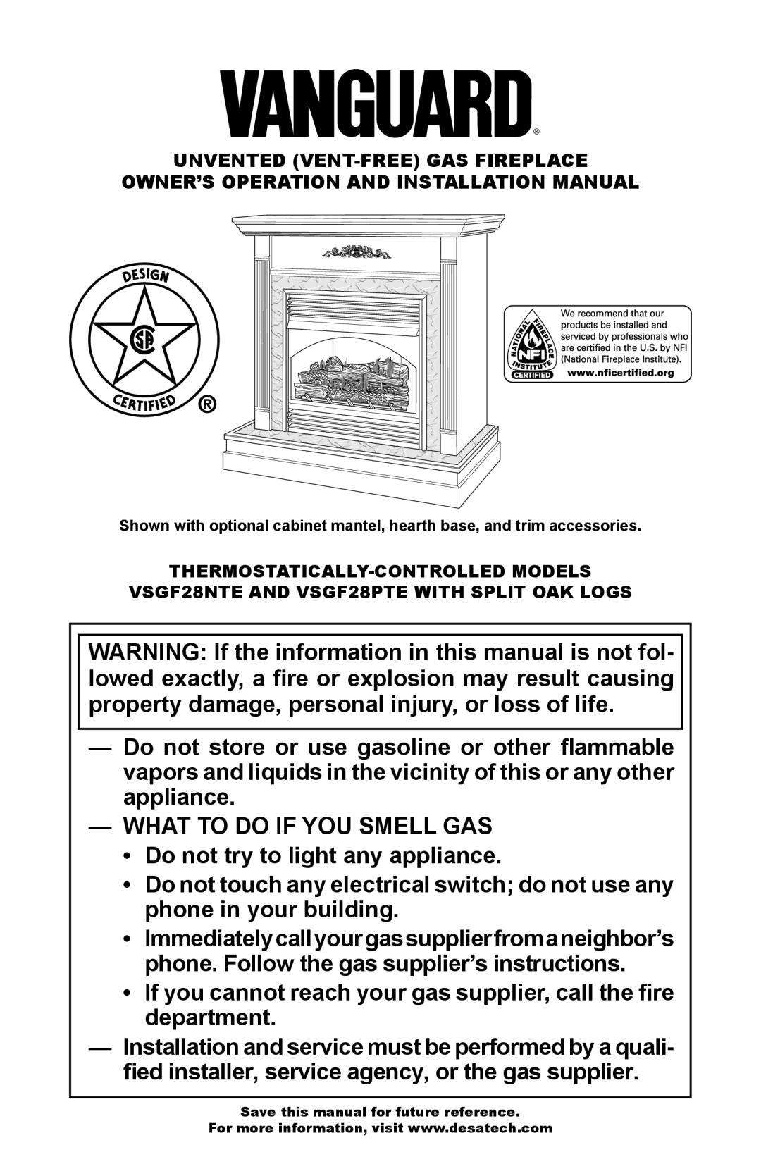 Vanguard Heating VSGF-28NTE, VSGF-28PTE installation manual What to do if YOU Smell GAS 