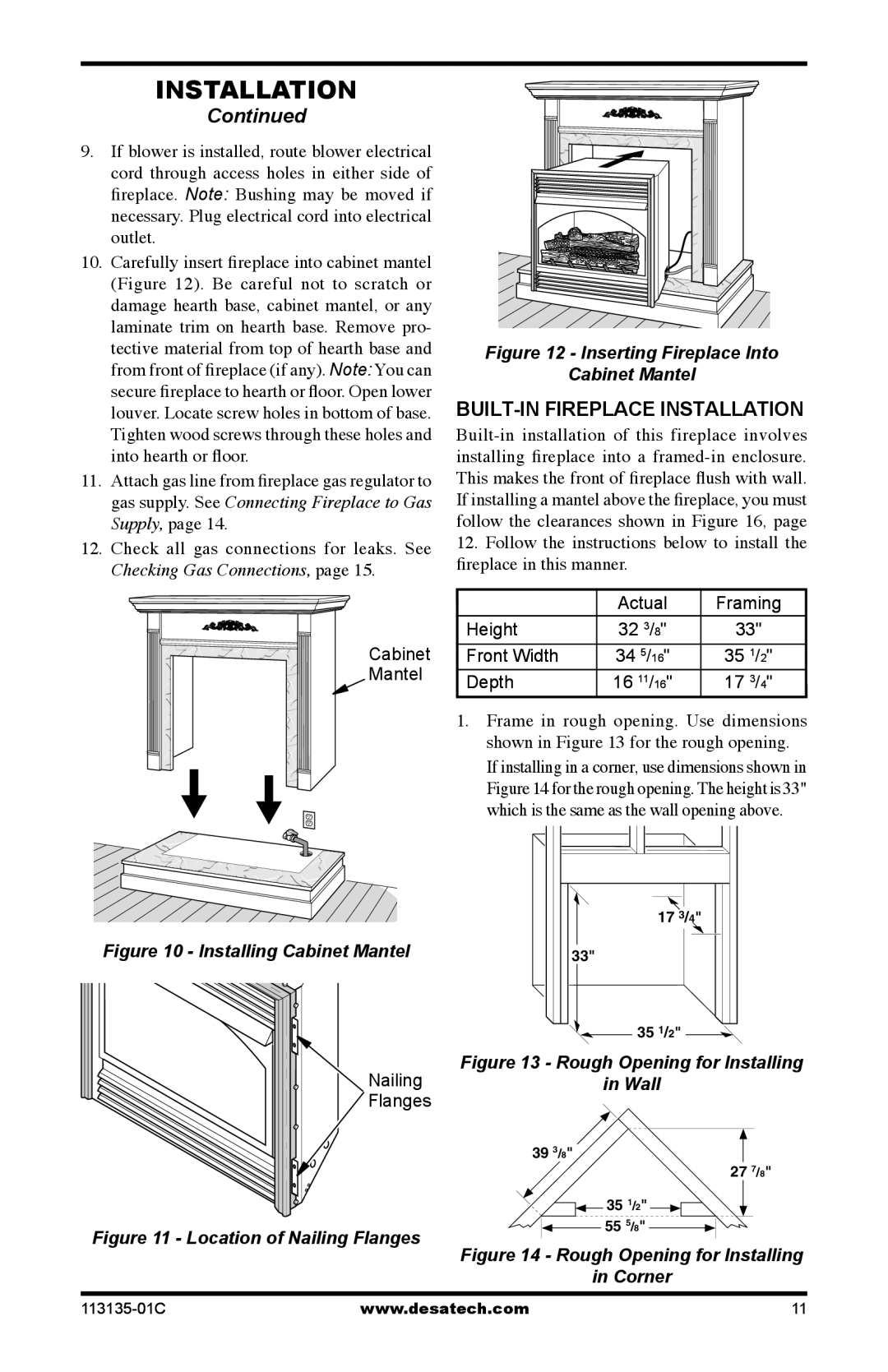 Vanguard Heating VSGF-28NTE, VSGF-28PTE BUILT-IN Fireplace Installation, Height Actual Framing Front Width Depth 