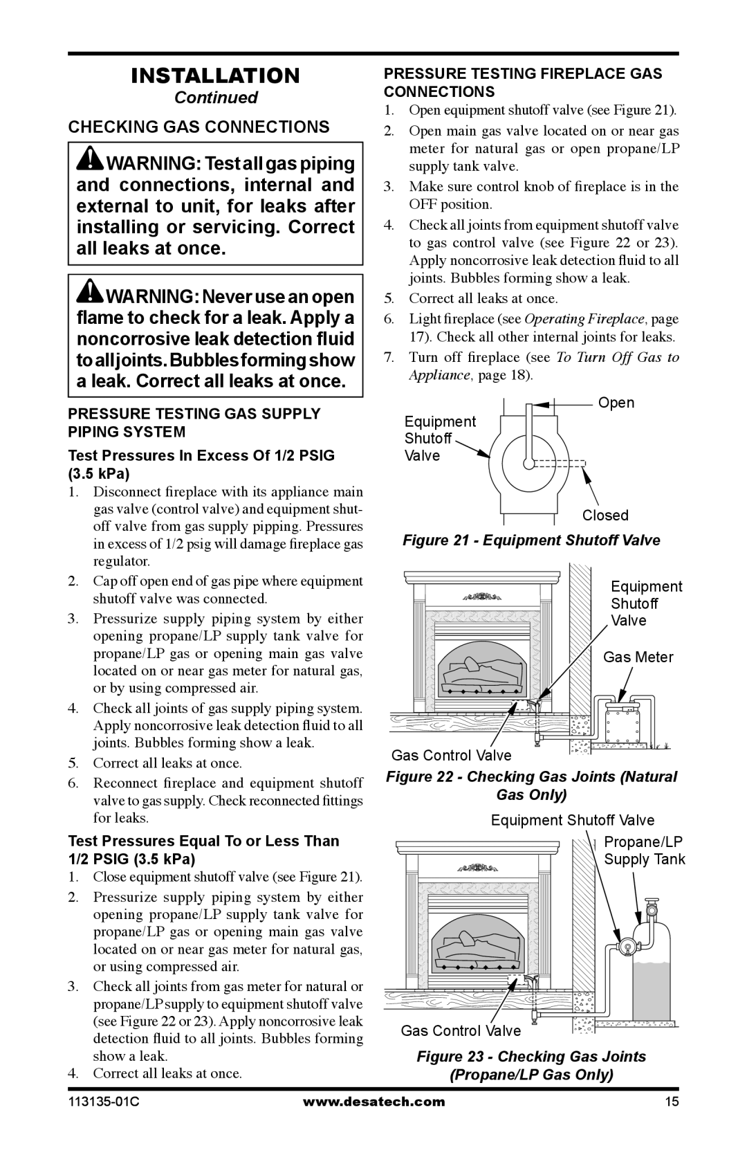 Vanguard Heating VSGF-28NTE, VSGF-28PTE Checking GAS Connections, Test Pressures In Excess Of 1/2 Psig 3.5 kPa, Than 