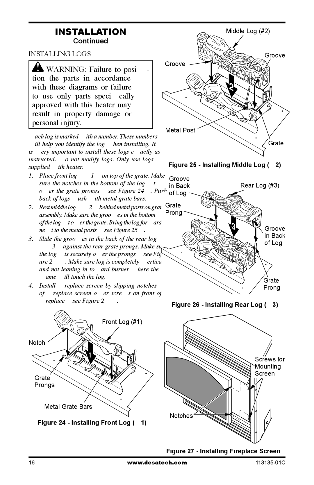 Vanguard Heating VSGF-28PTE, VSGF-28NTE installation manual Installing Logs, Installing Front Log #1 