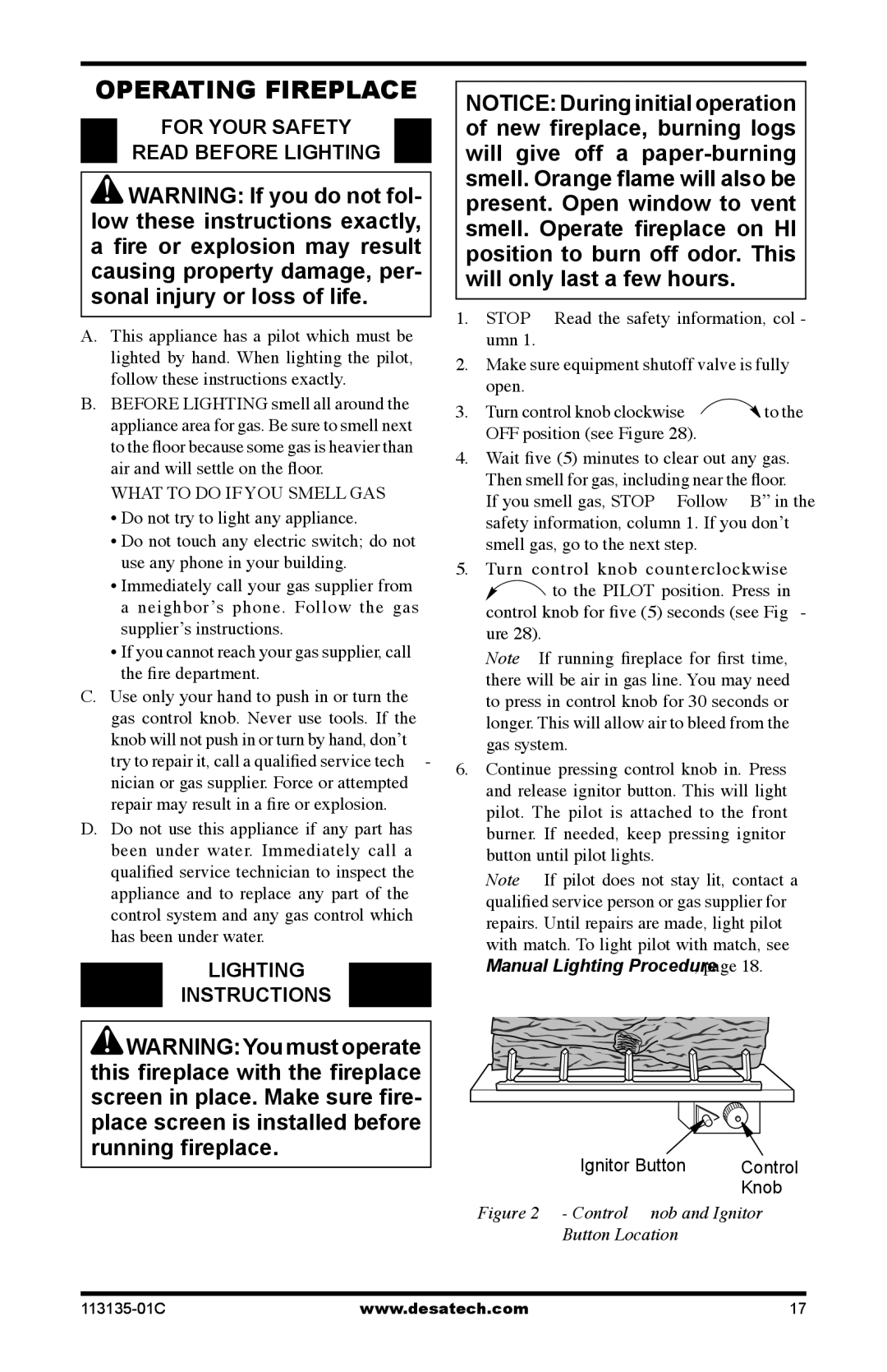 Vanguard Heating VSGF-28NTE, VSGF-28PTE Operating Fireplace, For Your Safety Read Before Lighting, Lighting Instructions 