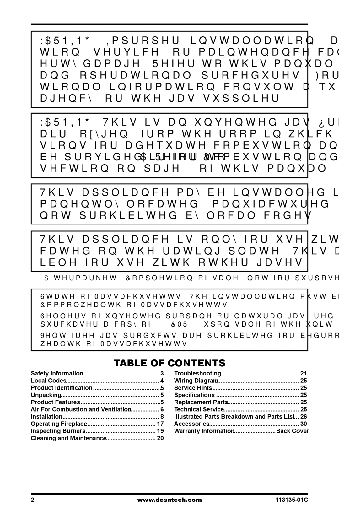 Vanguard Heating VSGF-28PTE, VSGF-28NTE installation manual Table of Contents 