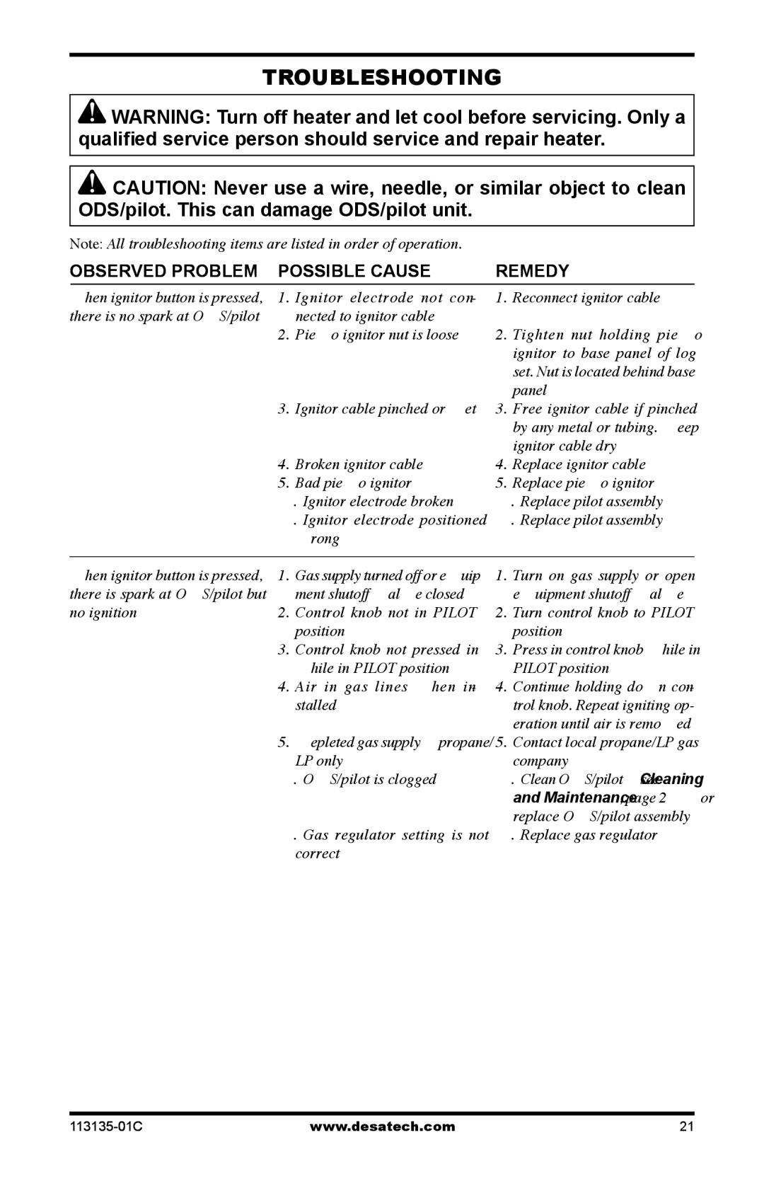 Vanguard Heating VSGF-28NTE, VSGF-28PTE installation manual Troubleshooting, Observed Problem Possible Cause Remedy 