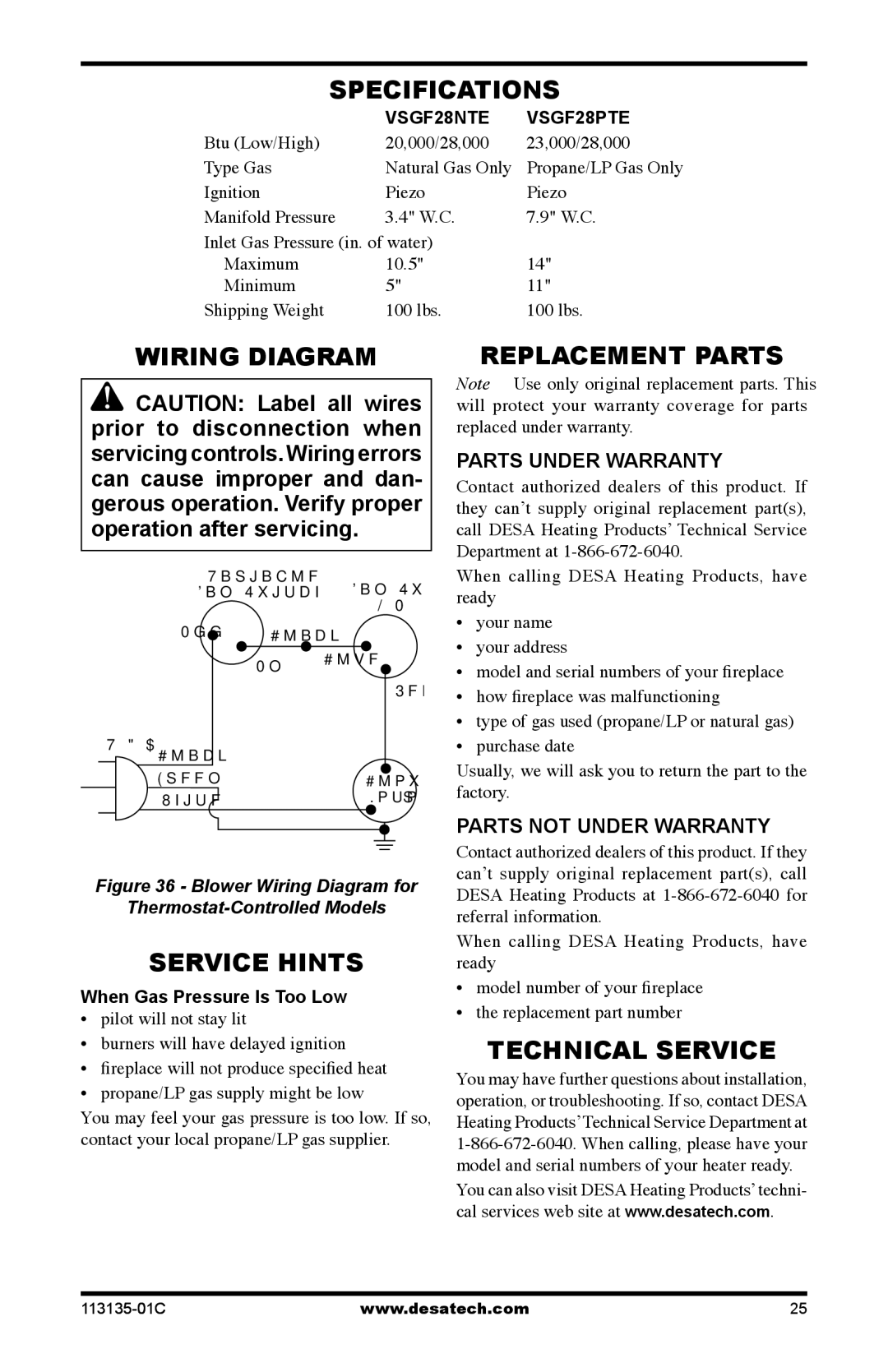 Vanguard Heating VSGF-28NTE Specifications, Wiring Diagram, Service Hints, Replacement Parts, Technical Service 