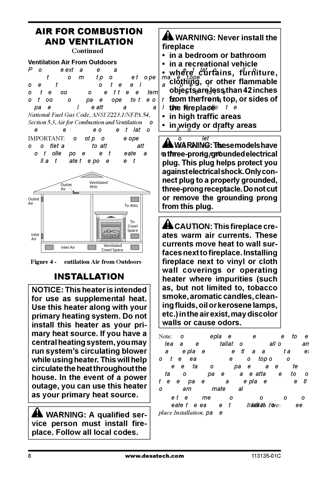 Vanguard Heating VSGF-28PTE, VSGF-28NTE installation manual Installation, Ventilation Air From Outdoors 