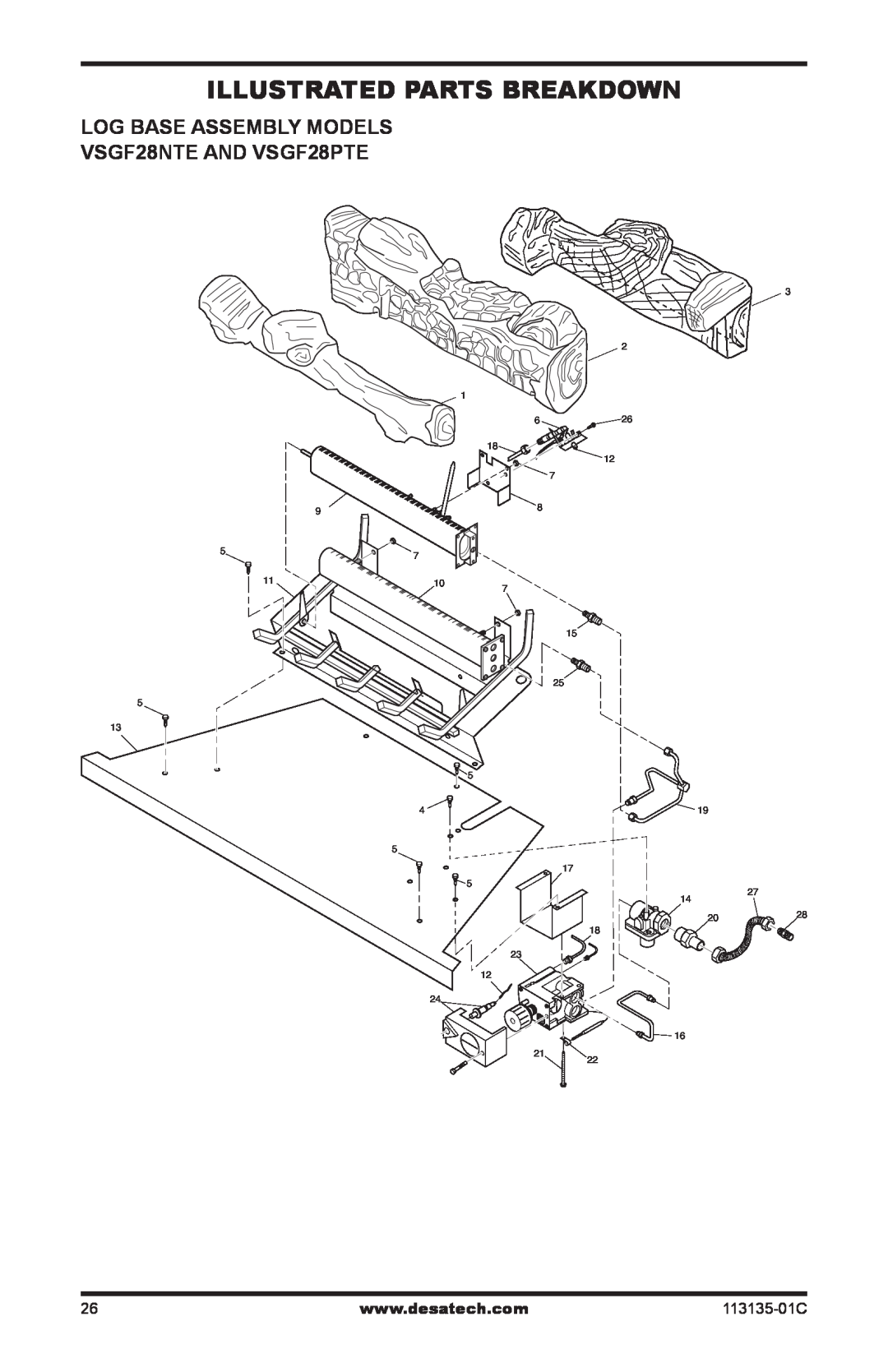 Vanguard Heating VSGF-28PTE Illustrated Parts Breakdown, LOG BASE ASSEMBLY MODELS VSGF28NTE AND VSGF28PTE, 113135-01C 