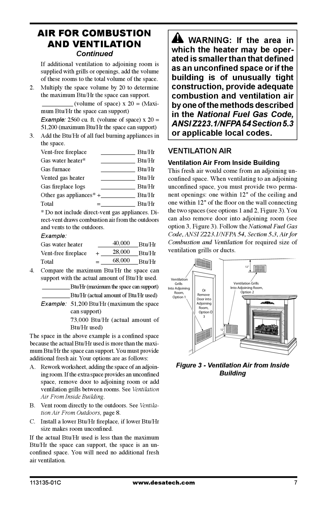 Vanguard Heating VSGF-28NTE, VSGF-28PTE installation manual Air For Combustion And Ventilation, Continued, Ventilation Air 