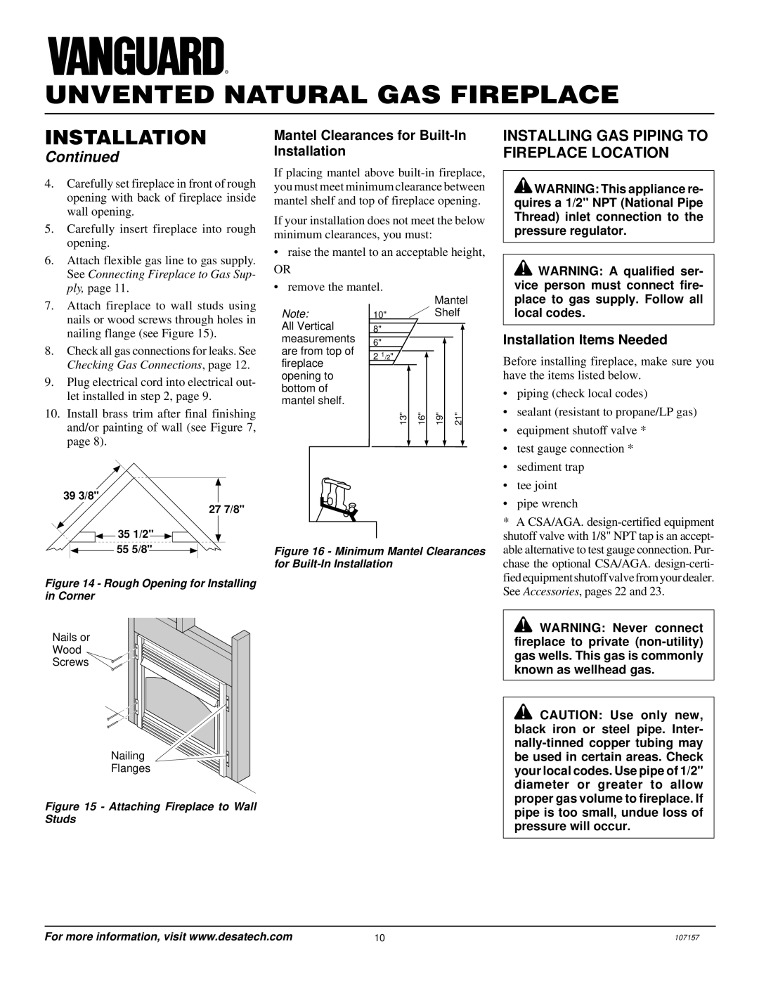 Vanguard Heating VSGF28NVA Installing GAS Piping to, Fireplace Location, Mantel Clearances for Built-In, Installation 