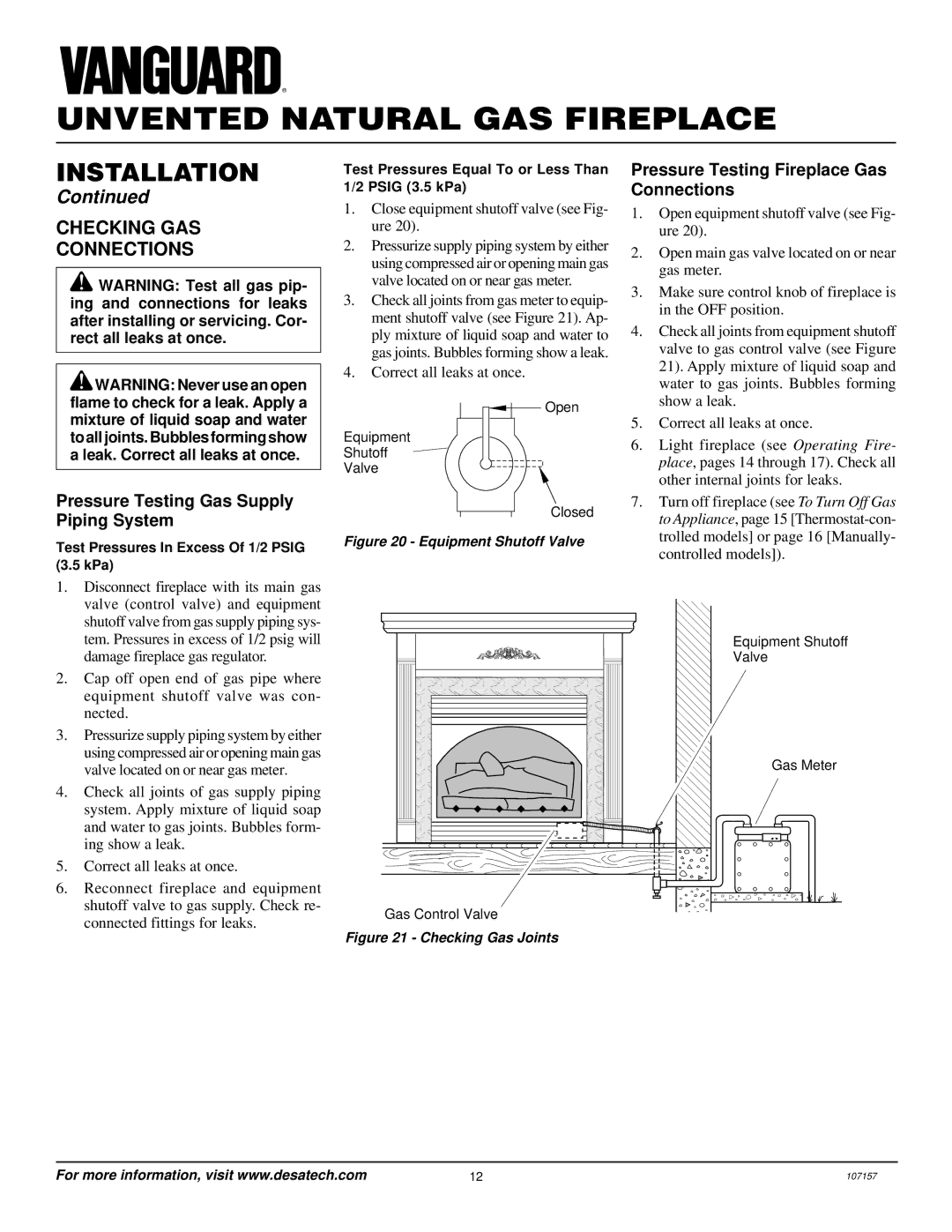 Vanguard Heating VSGF28NVA, VSGF28NTC Checking GAS Connections, Pressure Testing Gas Supply Piping System 