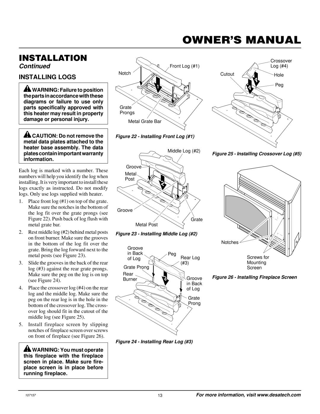 Vanguard Heating VSGF28NTC, VSGF28NVA installation manual Installing Logs, Installing Front Log #1 