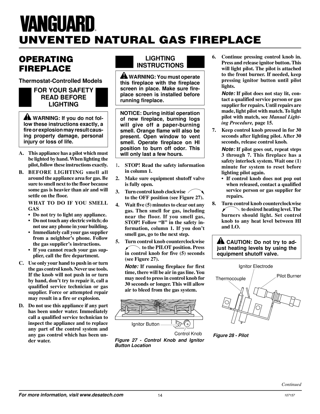 Vanguard Heating VSGF28NVA, VSGF28NTC Operating Fireplace, For Your Safety Read Before Lighting, Lighting Instructions 